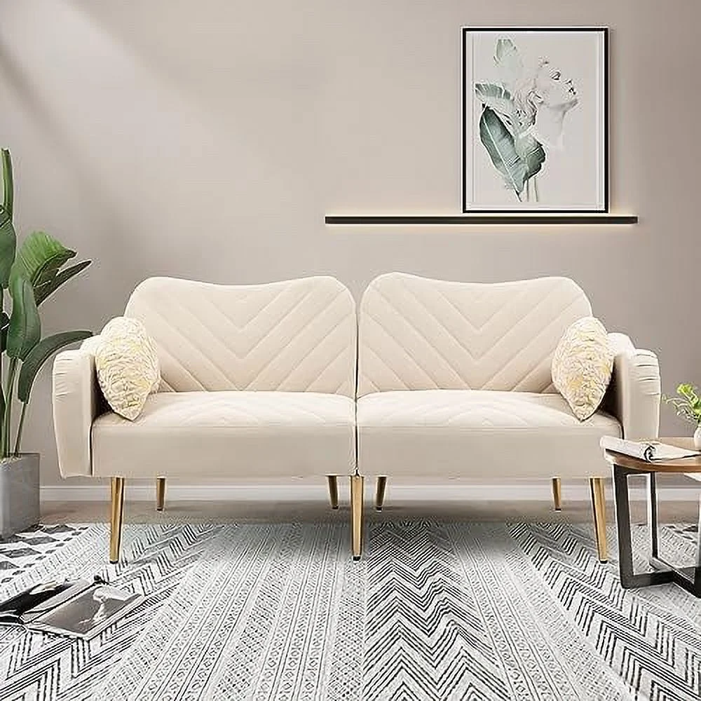 xrboomlife Convertible Folding Futon Sofa Bed  Morden Sleeper Sofa Bed with Armrest and Metal Legs  Velvet Upholstered Tufted Sofa with Adjustable Positions  Accent Sofa Couch for Small L