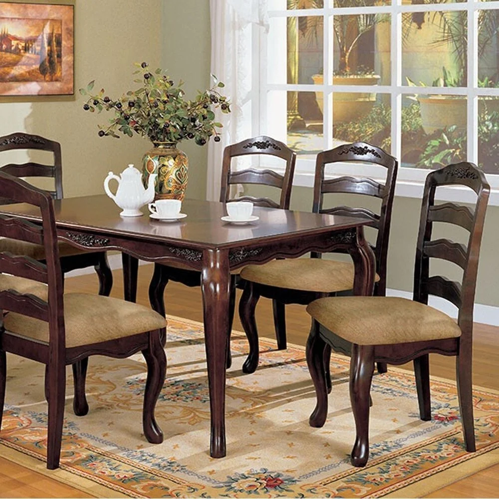 Benzara Wooden Dining Table with Floral Carved Accents and Cabriole Legs, Brown
