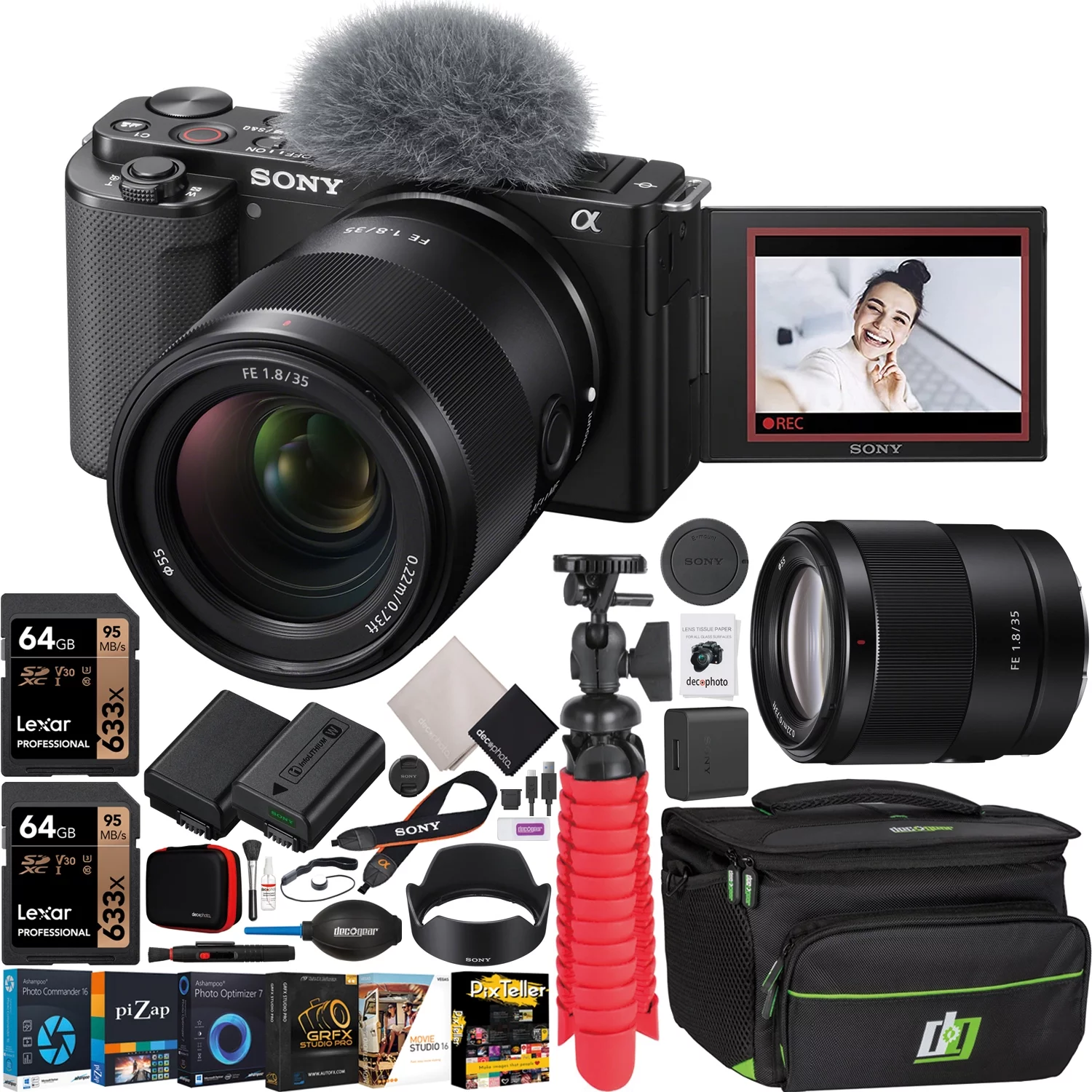 Sony ZV-E10 Mirrorless Alpha APS-C Vlog Camera Body and 35mm F1.8 Large Aperture FE Lens SEL35F18F ILCZV-E10/B Black Bundle with Deco Gear Case + Extra Battery + Photo Video Accessories Kit