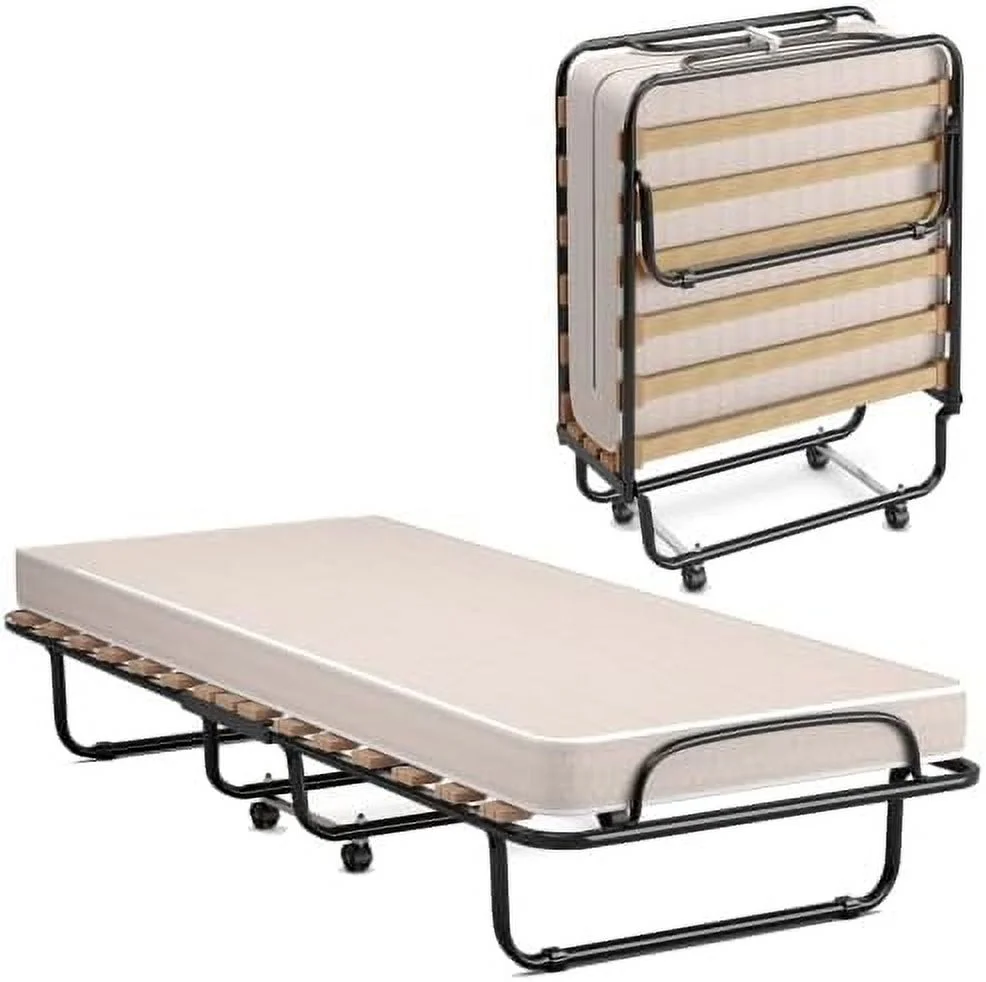 xrboomlife Folding Rollaway Bed with Mattress  Foldable Bed with Memory Foam Mattress for Adults  Portable Fold Up Guest Bed with Sturdy Steel Frame on Wheels for Home & Office  Made