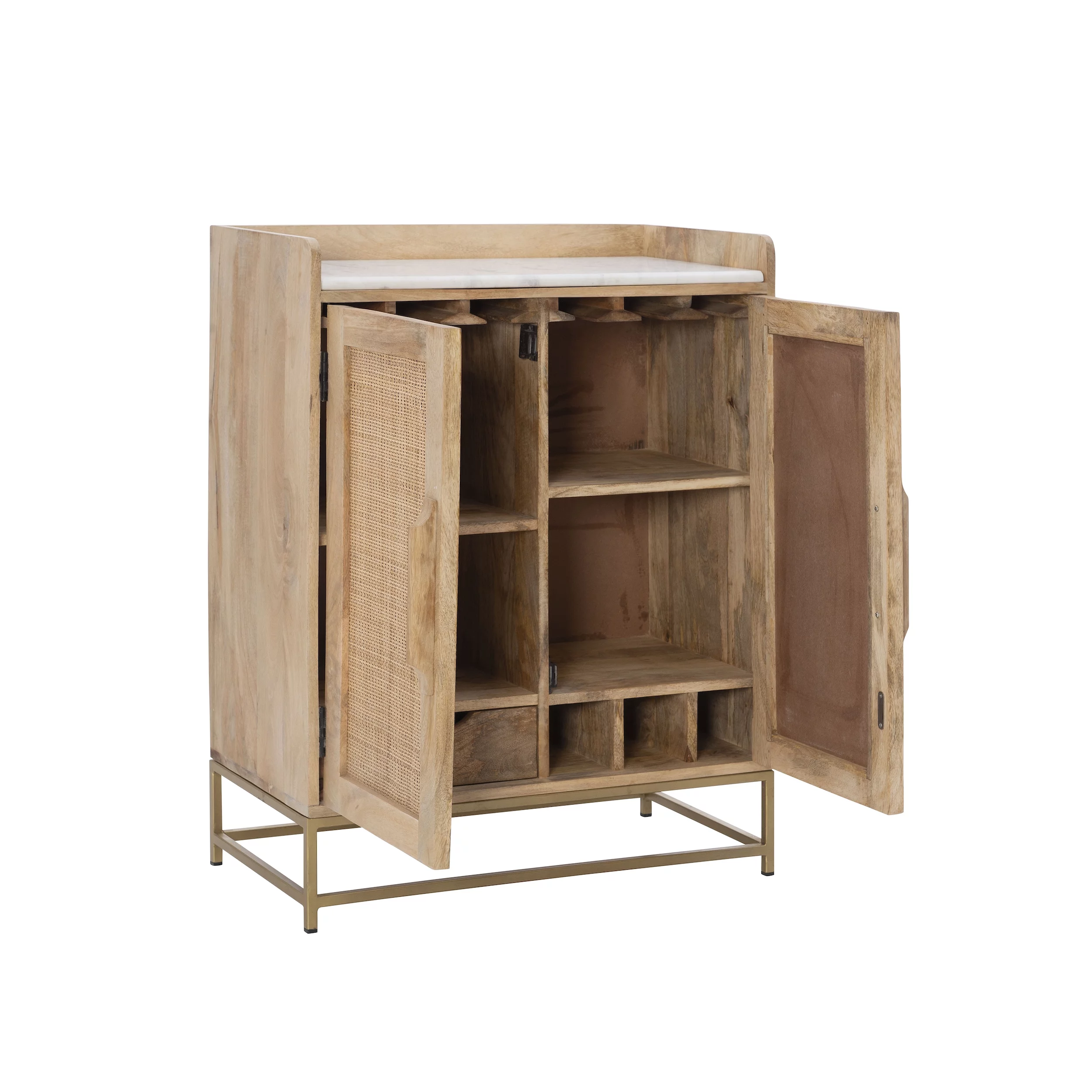 Blair Rattan Bar Cabinet, Natural with White Marble Top