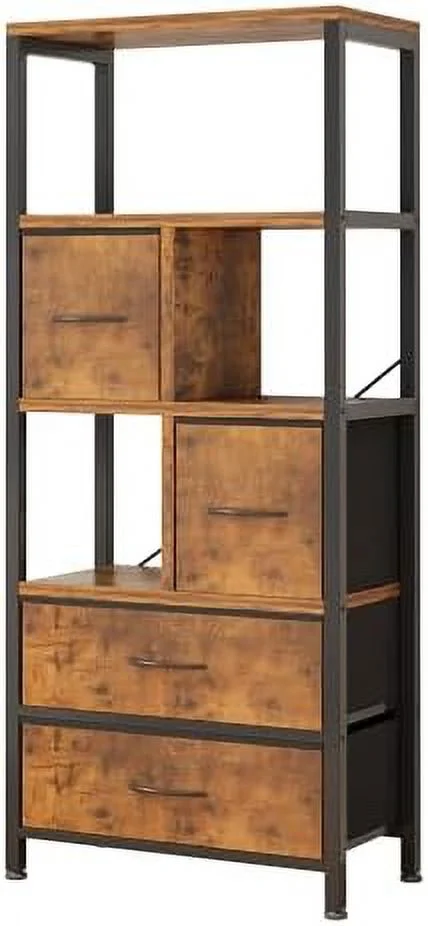 ZFGSUIJN 4-Tier Bookshelf with   Office Shelves  Wood and Metal Bookshelf with Drawers  Bookcase  Room  Office  Small Spaces  Black