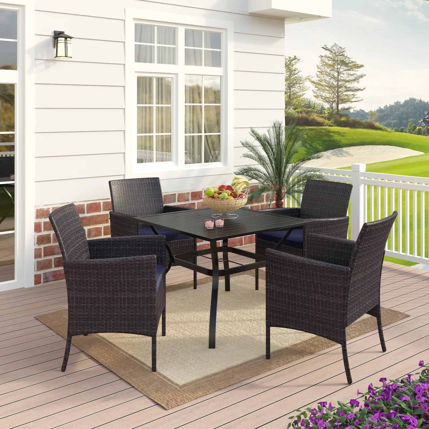 MF Studio 5 Piece Outdoor Patio Dining Set with 4 Rattan Dining Chairs and 1PC Metal Dining Table, Black