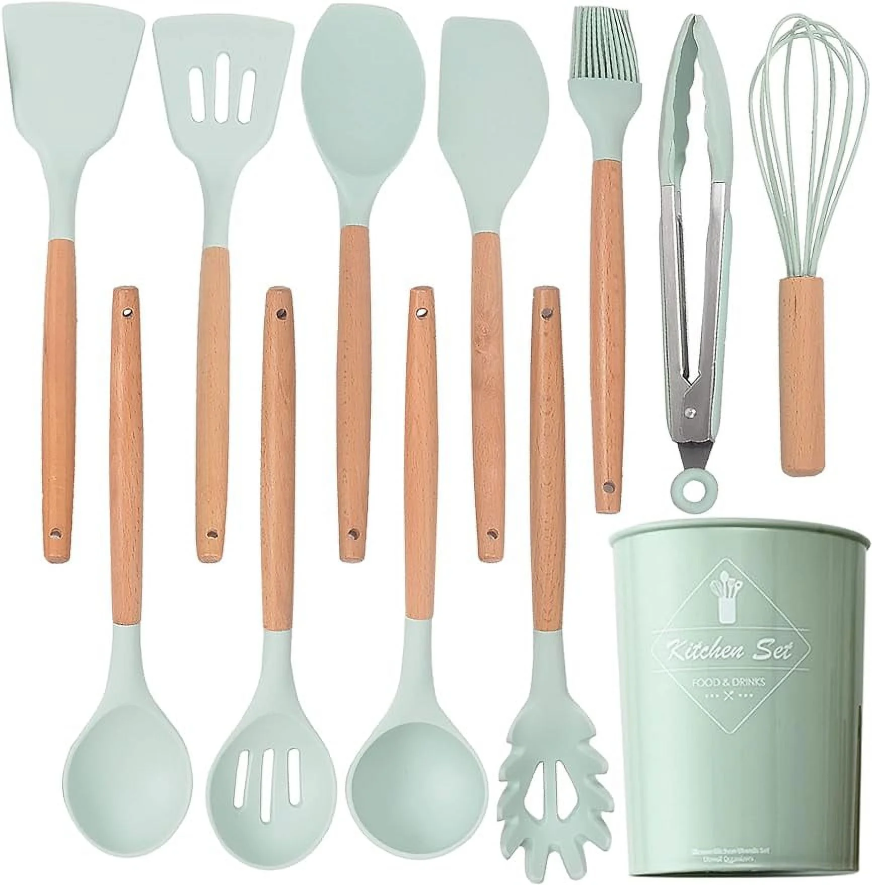 12-piece Silicone Kitchen Utensils Set, Non-stick Cookware Is Heat-resistant, BPA-free, Stirring Kitchen Tool Set (Light Green)