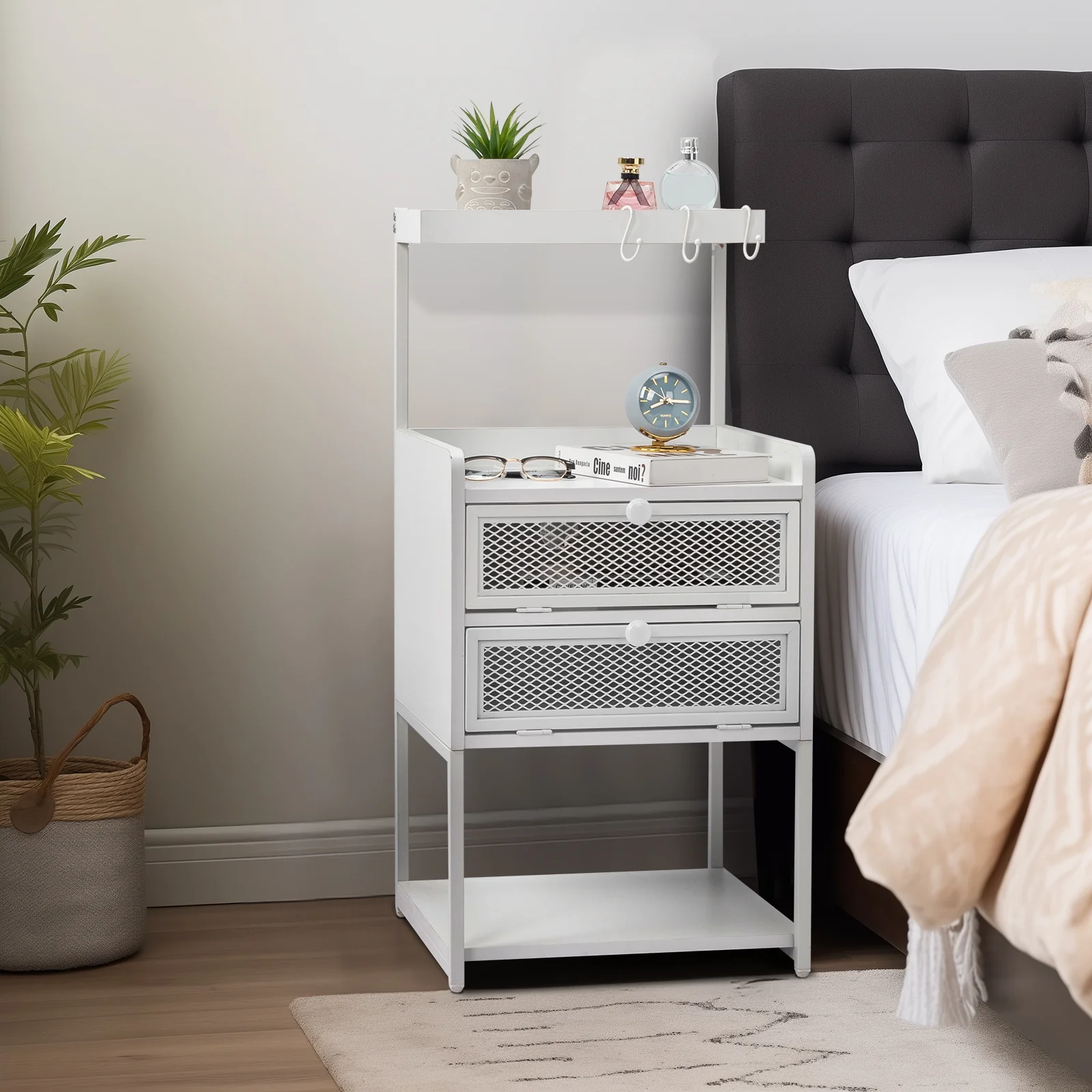 White Wood Steel Nightstand with 2 Drawers, LED Light Strips, Charging Station, and USB Ports. Perfect for Bedside Use.