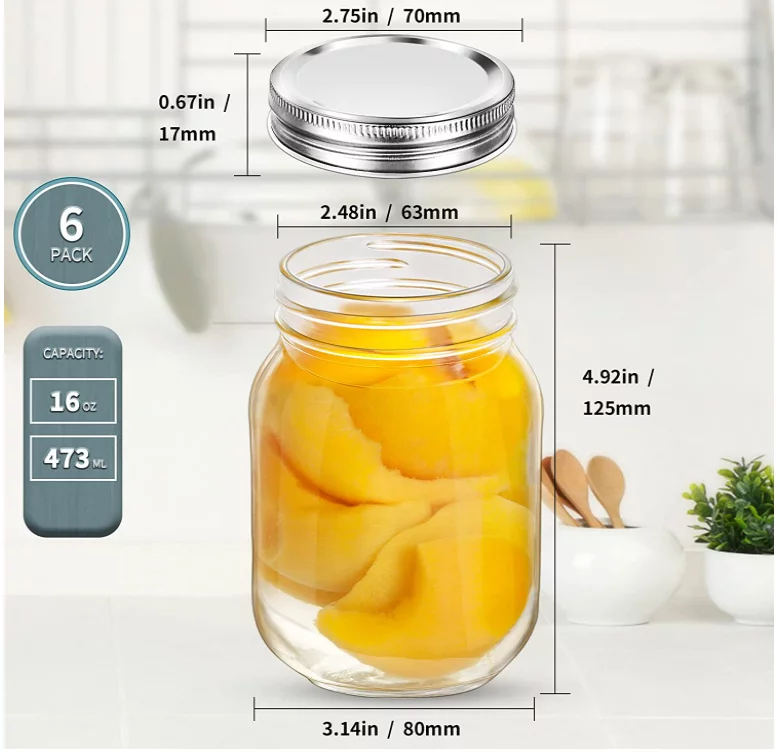 Mason Jars 16 OZ, Glass Regular Mouth Canning Jars with Silver Metal Airtight Lids for Sealing, Canning, Food Storage, 10 PACK