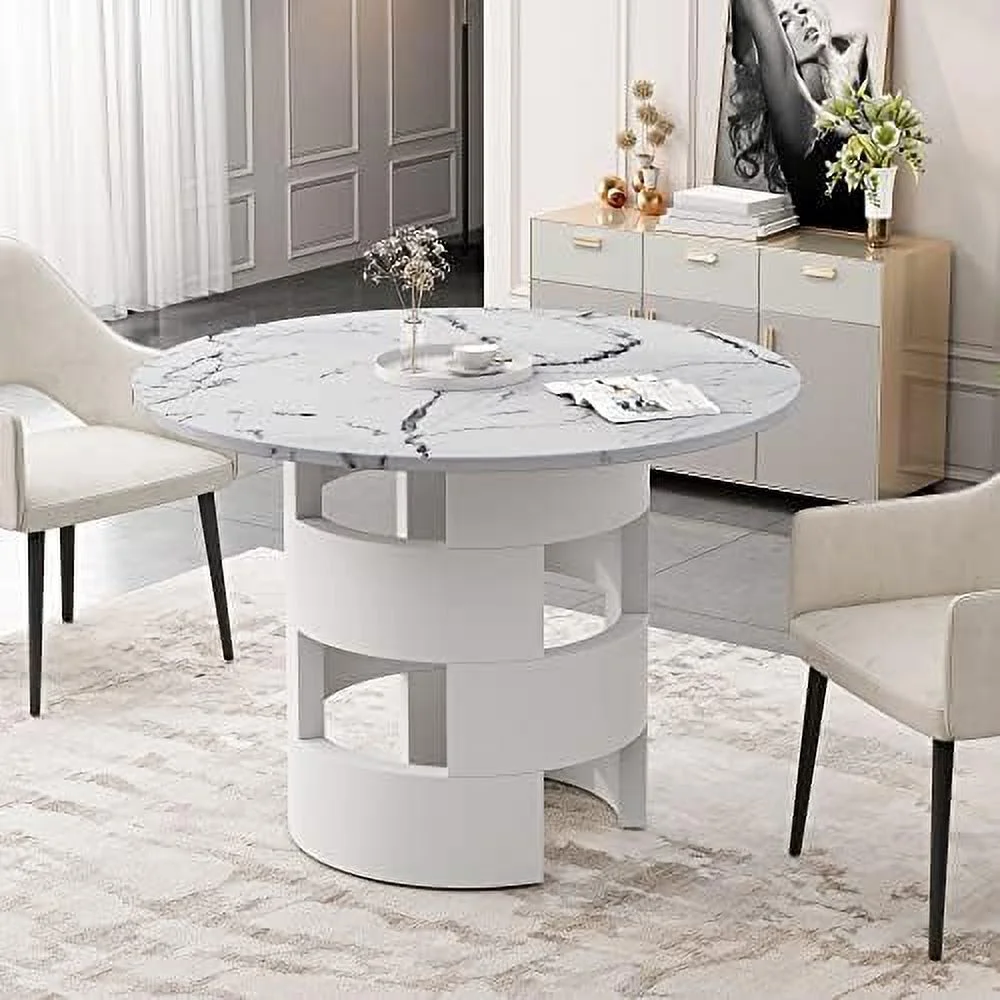 TJCGDTY White Round Dining Table for 4-6 42" Kitchen Table with Circle Marble Grain Top Small Faux Marble Dining Room Table Modern Dinner Table for Dining Room  Kitchen Living Room Of