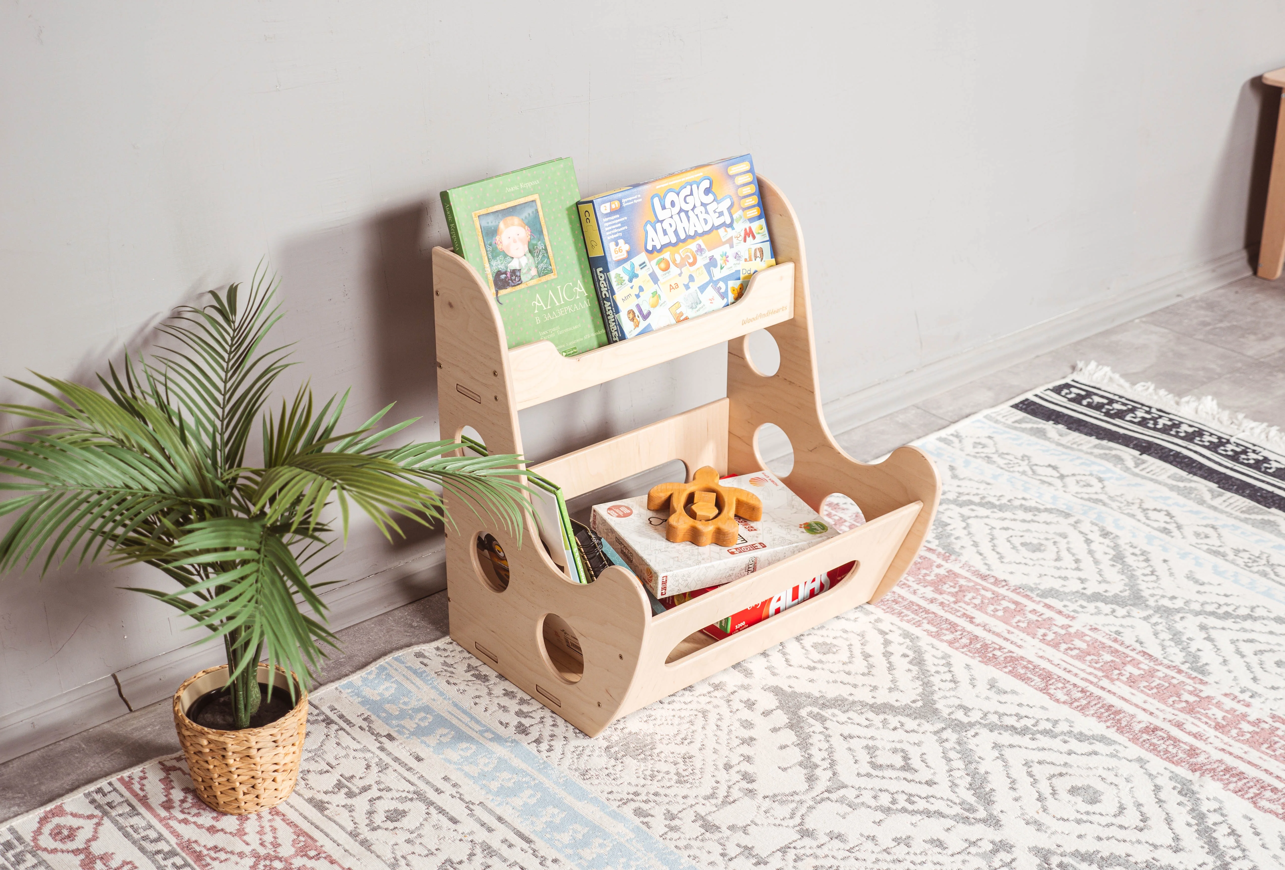 Woodandhearts Open Toddler Bookcase, Children Toy Shelf, Kids Bookshelf Organizer, Montessori Furniture for Nursery, Baby Book Shelves for Kids 1-6 years