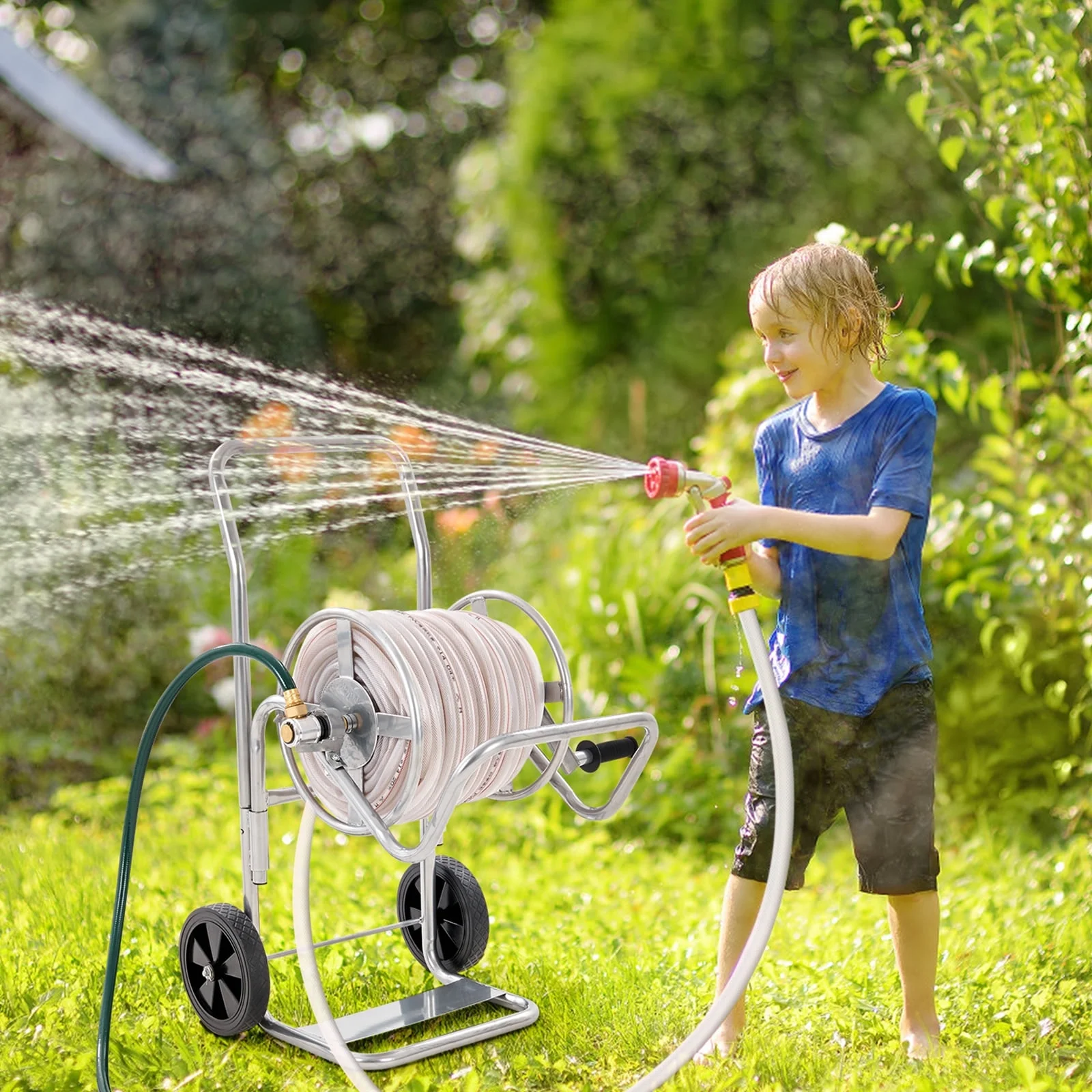 SKYSHALO Hose Reel Cart with Wheels, Carry Up To 200ft of 5/8’’ Hose, Portable Metal Hose Winder Suitable for Yard Planting & Garden