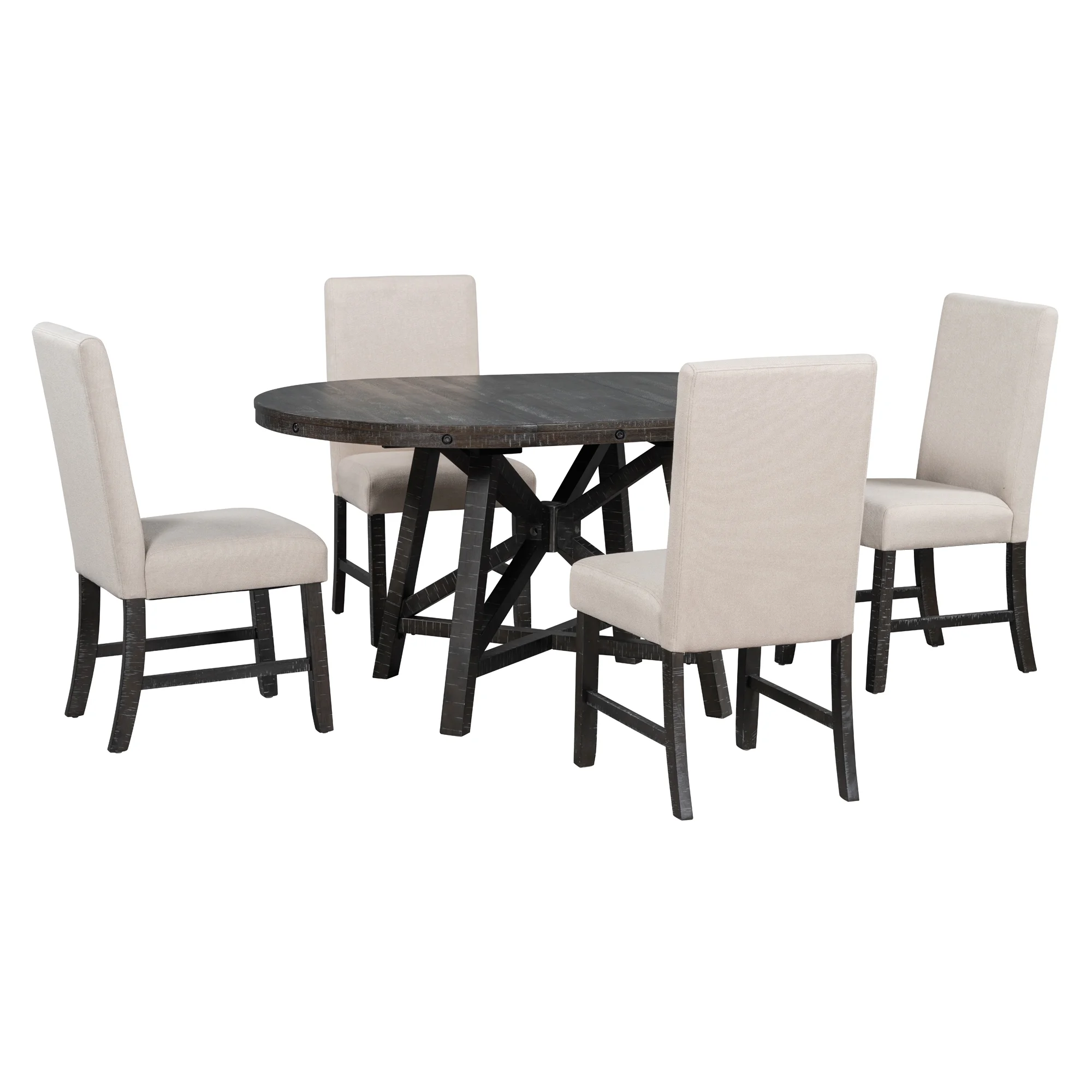 TREXM 5-Piece Retro Dining Set with Extendable Round Table, Removable Middle Leaf, and 4 Upholstered Chairs - Black