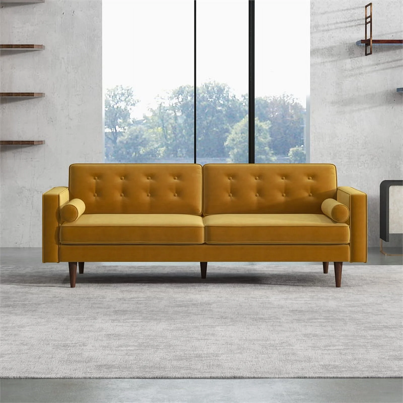 Pemberly Row Mid-Century Modern Tufted Back Gold Velvet Upholstered Sofa