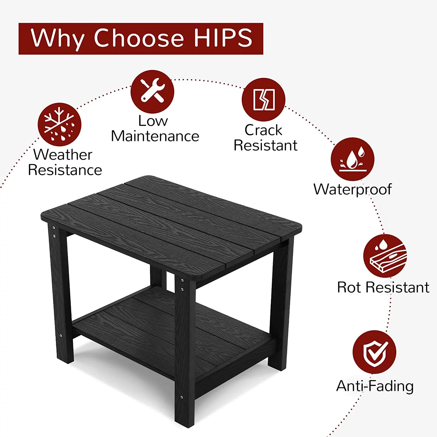 Outdoor Side Table, All Weather Resistant Rectangle 2-Tier Patio End Table for Backyard Garden, Black