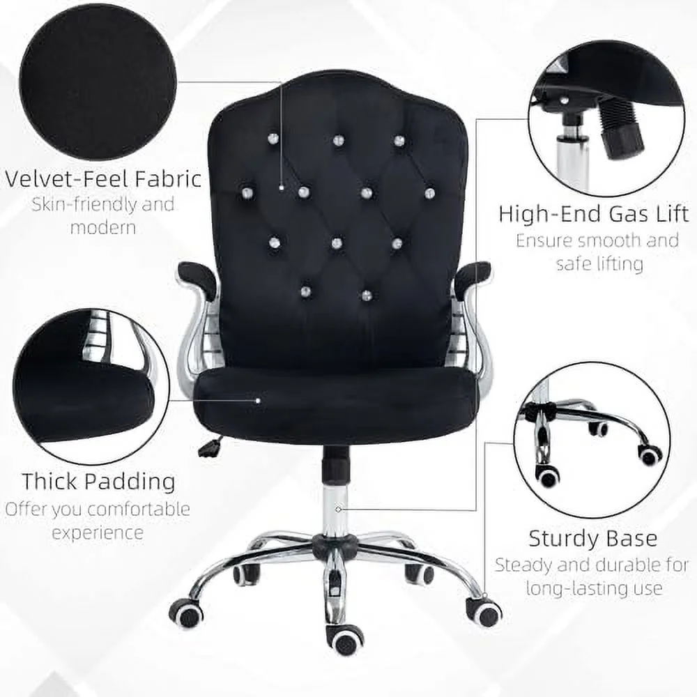 TJCGDTY Home Office Chair  Velvet Computer Chair  Button Tufted Desk Chair with Swivel Wheels  Adjustable Height  and Tilt   Black