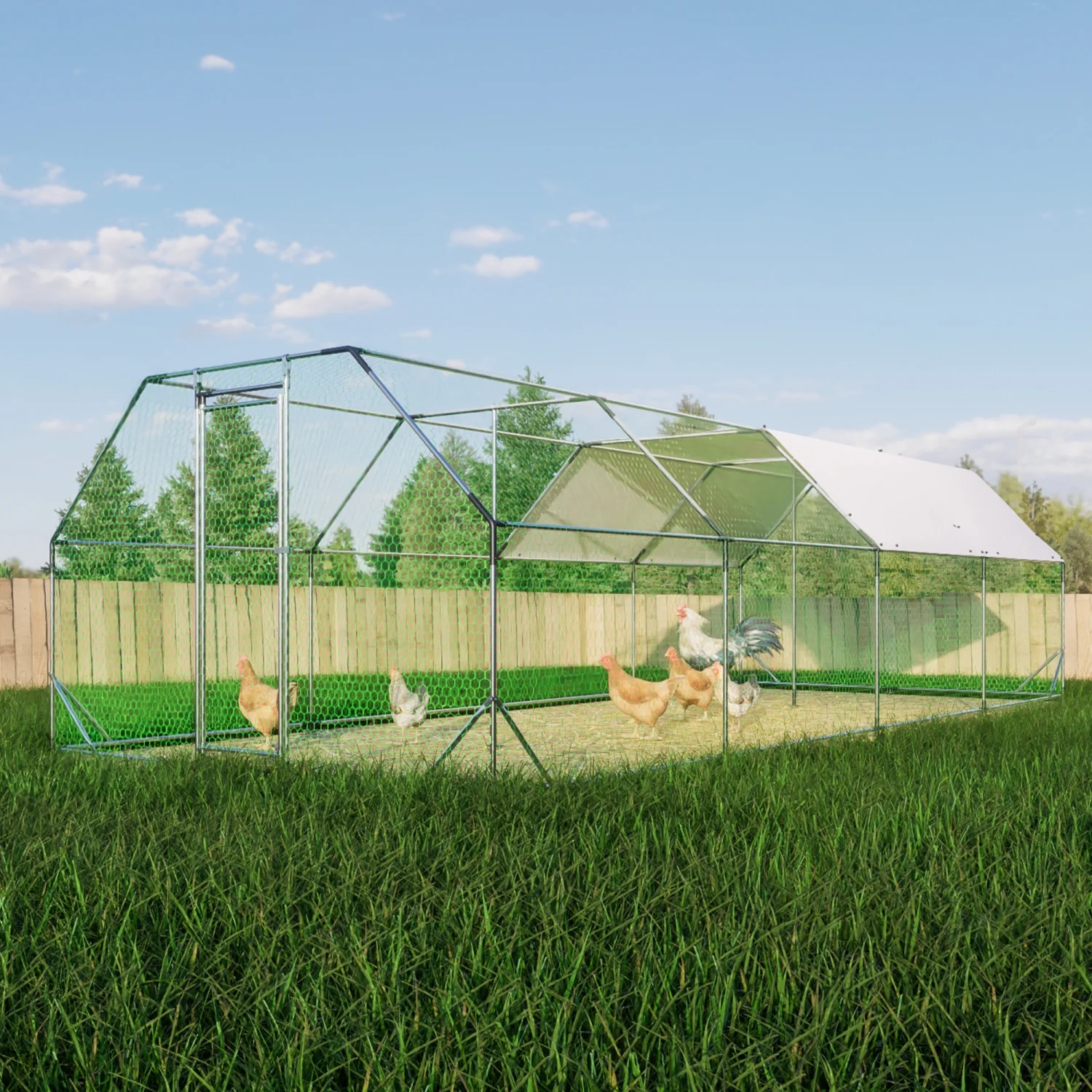 JHOOTUUO 9.94 ft. x 25.68 ft. Galvanized Large Metal Walk in  Coop Cage Farm Poultry Run Hutch Hen House