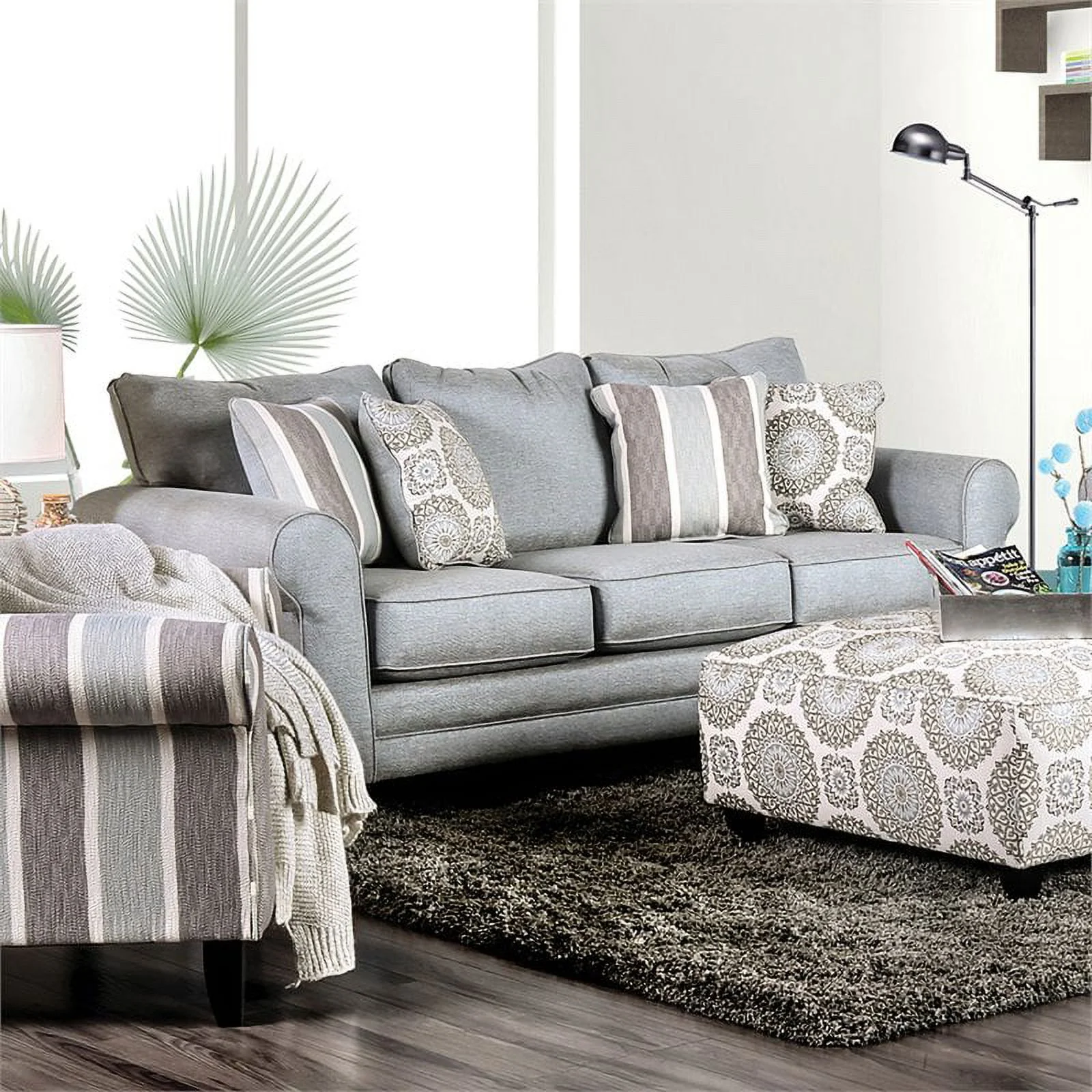 Furniture of America Joyce Transitional Fabric 2-Piece Sofa Set in Blue Gray