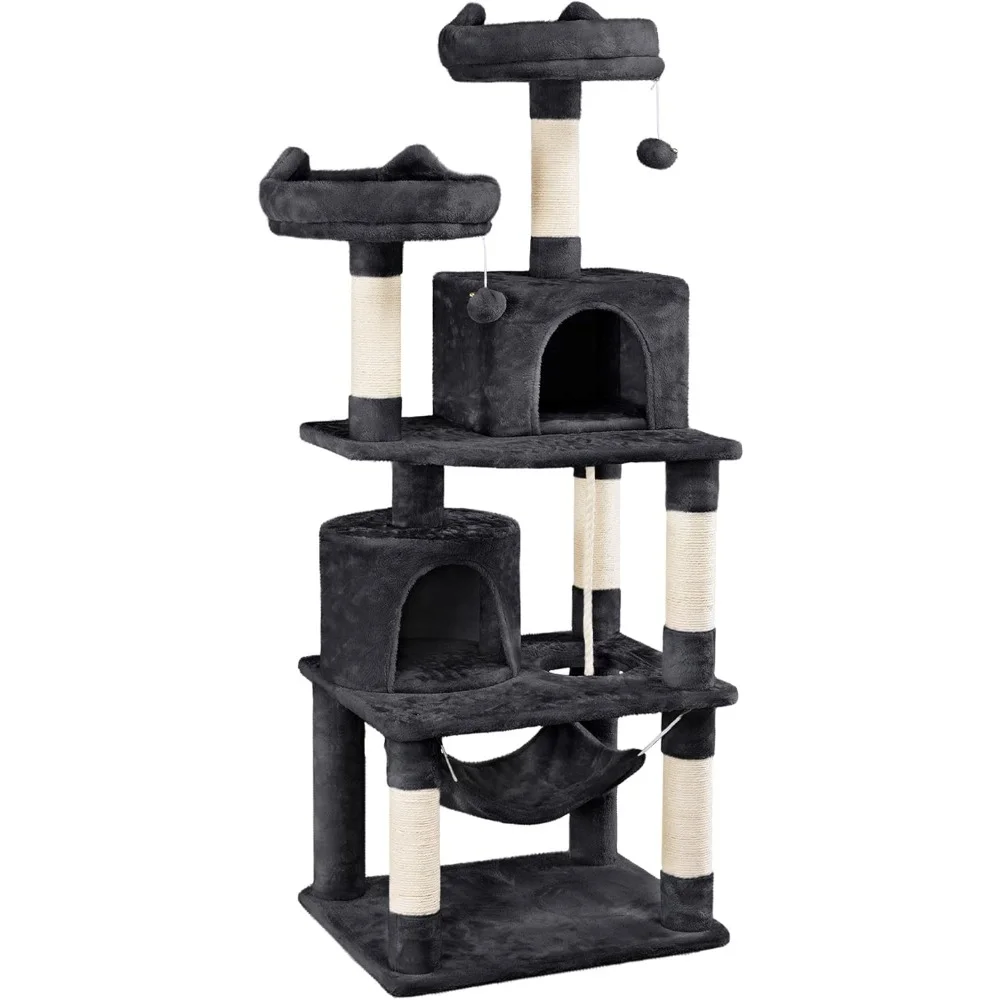 62.2in Cat Tree Cat Tower, Multi-Level Cat Tree w/Double Condo, Cat Platform & Hammock, Cat Pet Play House with for Indoor Activity Relaxing
