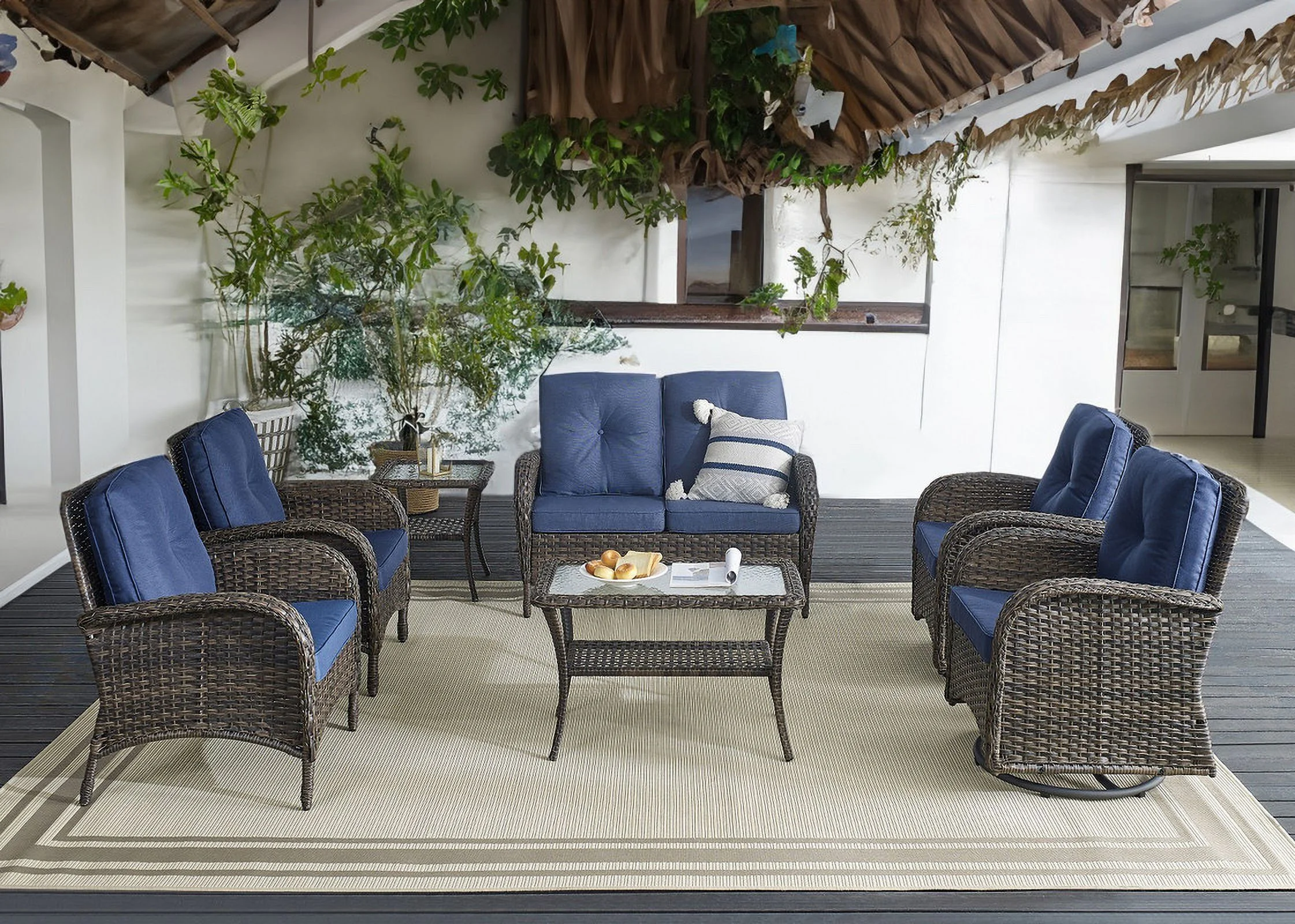 PARKWELL 7-Piece Outdoor Seating Set,Wicker Swivel Gliders with Coffee Table,Cushioned Chairs,Loveseat and Side Table,All Weather Patio Conversation Furniture Sets,Blue