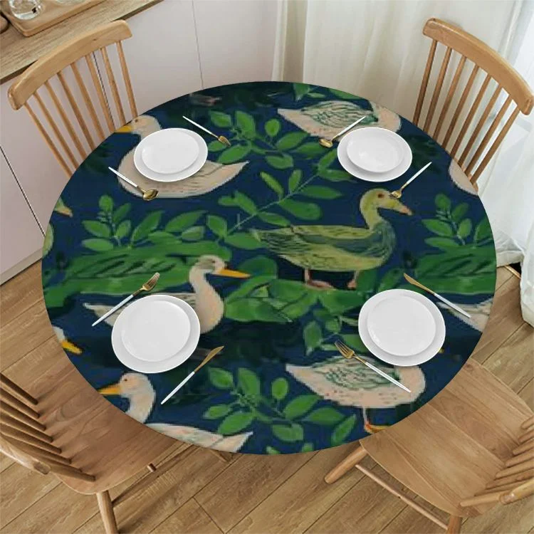 WXKJ Cute Animal Mallard Duck Round Fitted Tablecloth with Elastic Protector Table Cloth Kitchen Dinner Waterproof Oil-Proof Table Covers White