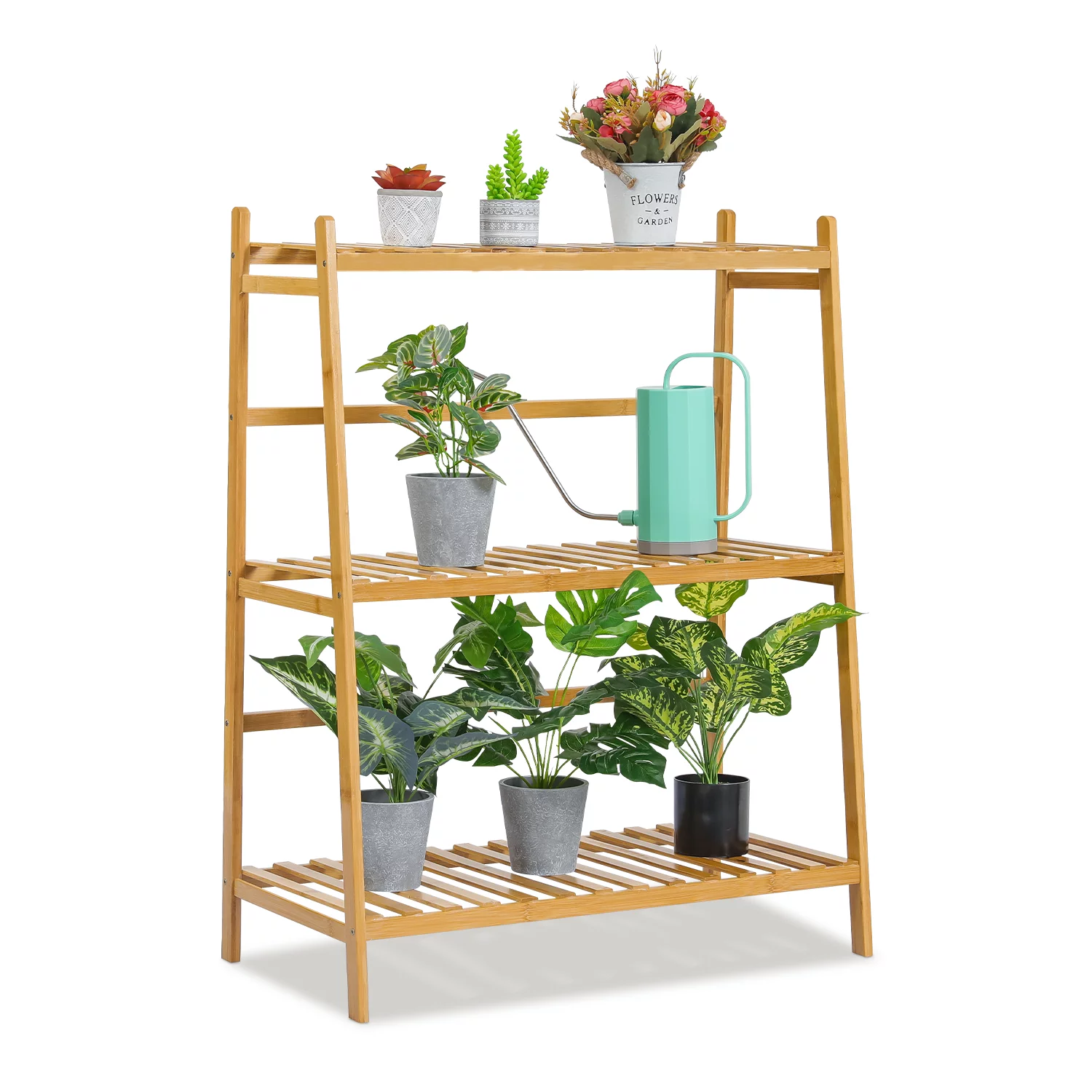 Magshion Bamboo 3 Tiers Trapezoid Plant Stand, Flower Display Shelf Rack, Natural, for Garden