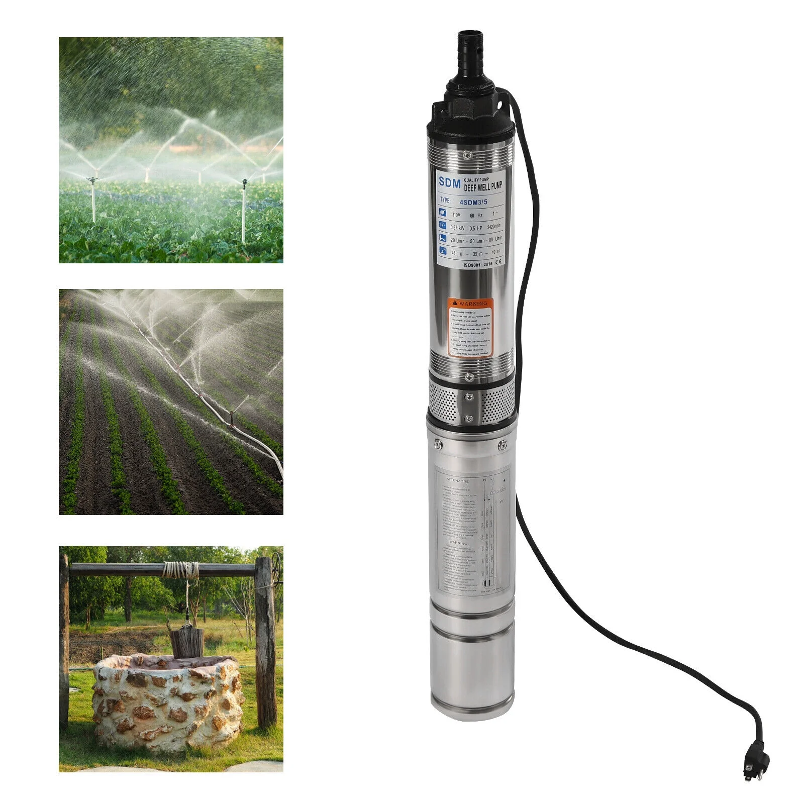 110v Stainless Steel Electric Powered Submersible Deep Well Water Pump Stainless Steel 110V 0.5HP 157ft 16GPM 4SDM3/5