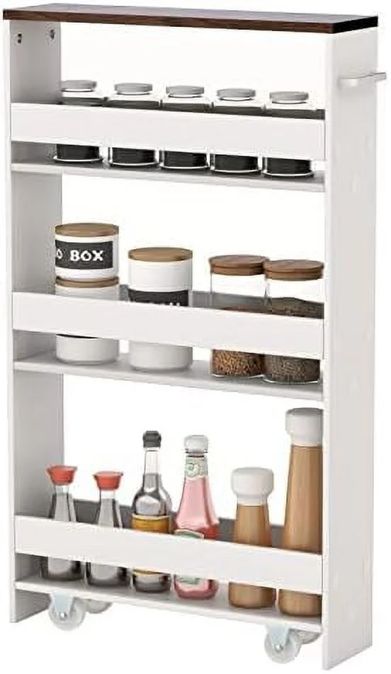 JYHOME Slim  Cart  4-Tier White Rolling Cart with Handle & Wooden Top for Kitchen Bathroom Laundry Living Room Narrow Small Spaces  5 Inches Width (Black)