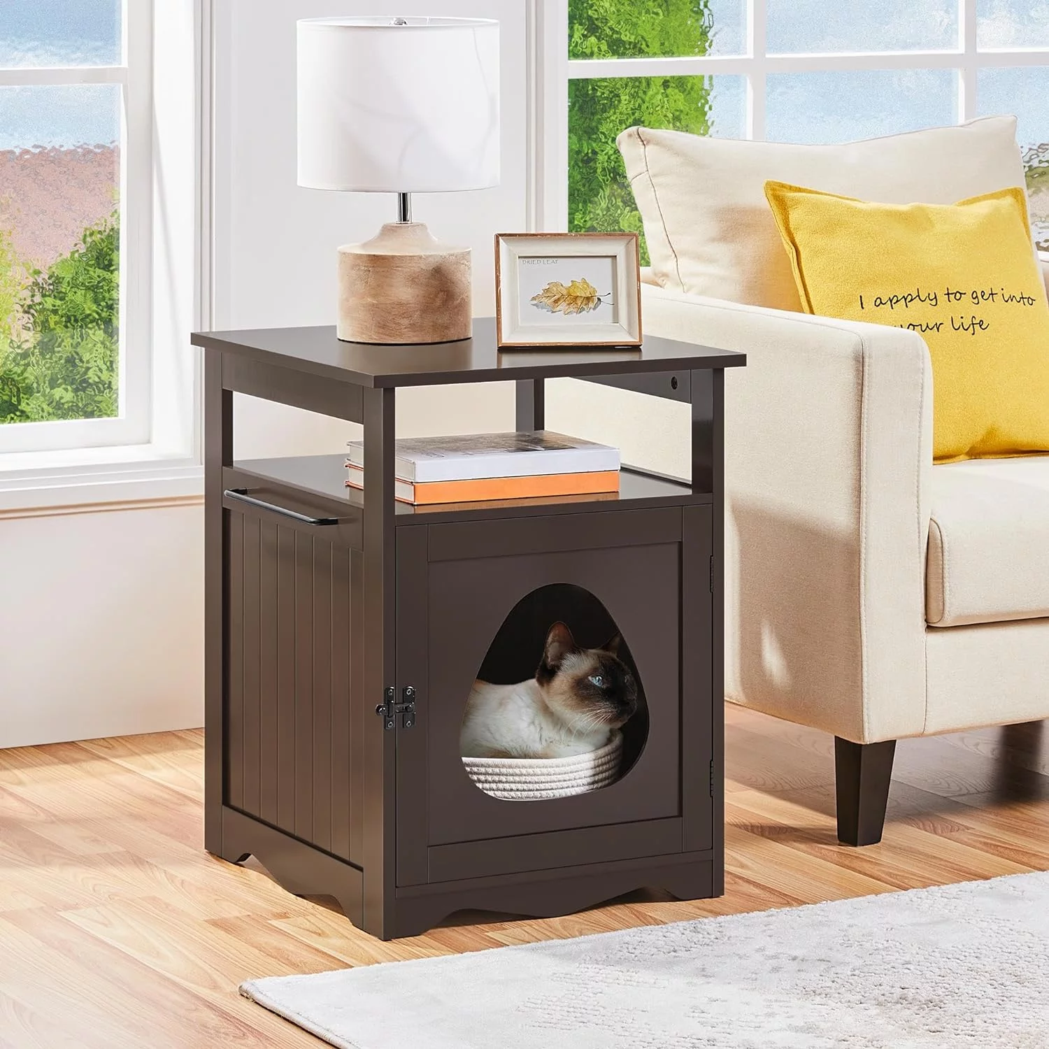 Cat Litter Box Enclosure, Hidden Cat Washroom Furniture, Lockable Pet Side Table with Wooden Structure Open Shelf, Decorative Pet House for Bathroom/Living Room Espresso