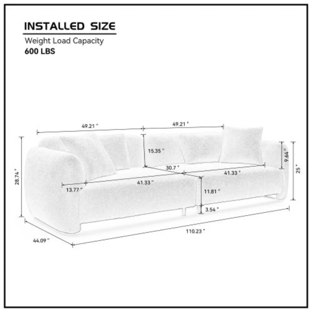110.23 Inches Teddy Velvet Sofa, Mid Century Sofa 3 Seater Couch with 4 Pillows for Bedroom, Living Room, Lounges, Office, Apartment BLACK  Black + Teddy