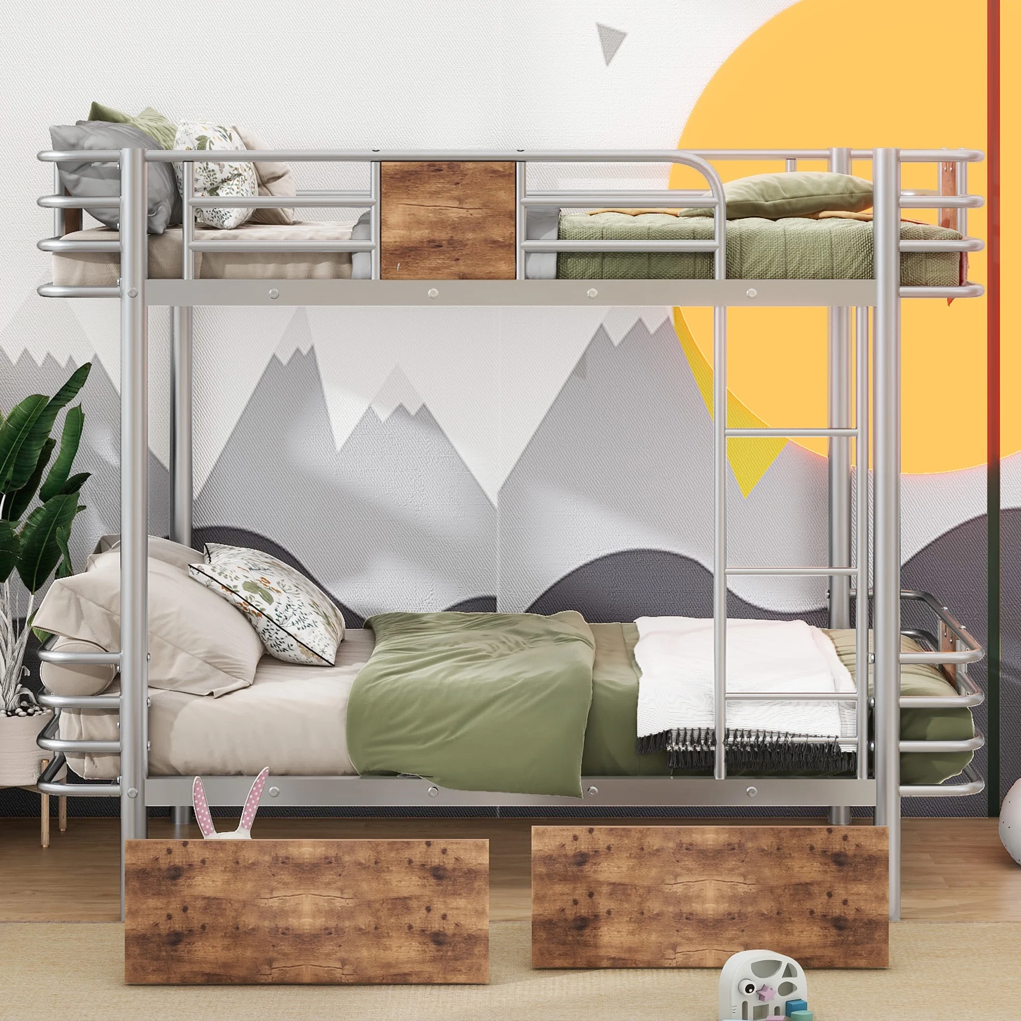 Euroco Metal Twin XL over Twin XL Bunk Bed with Storage Drawers, Silver