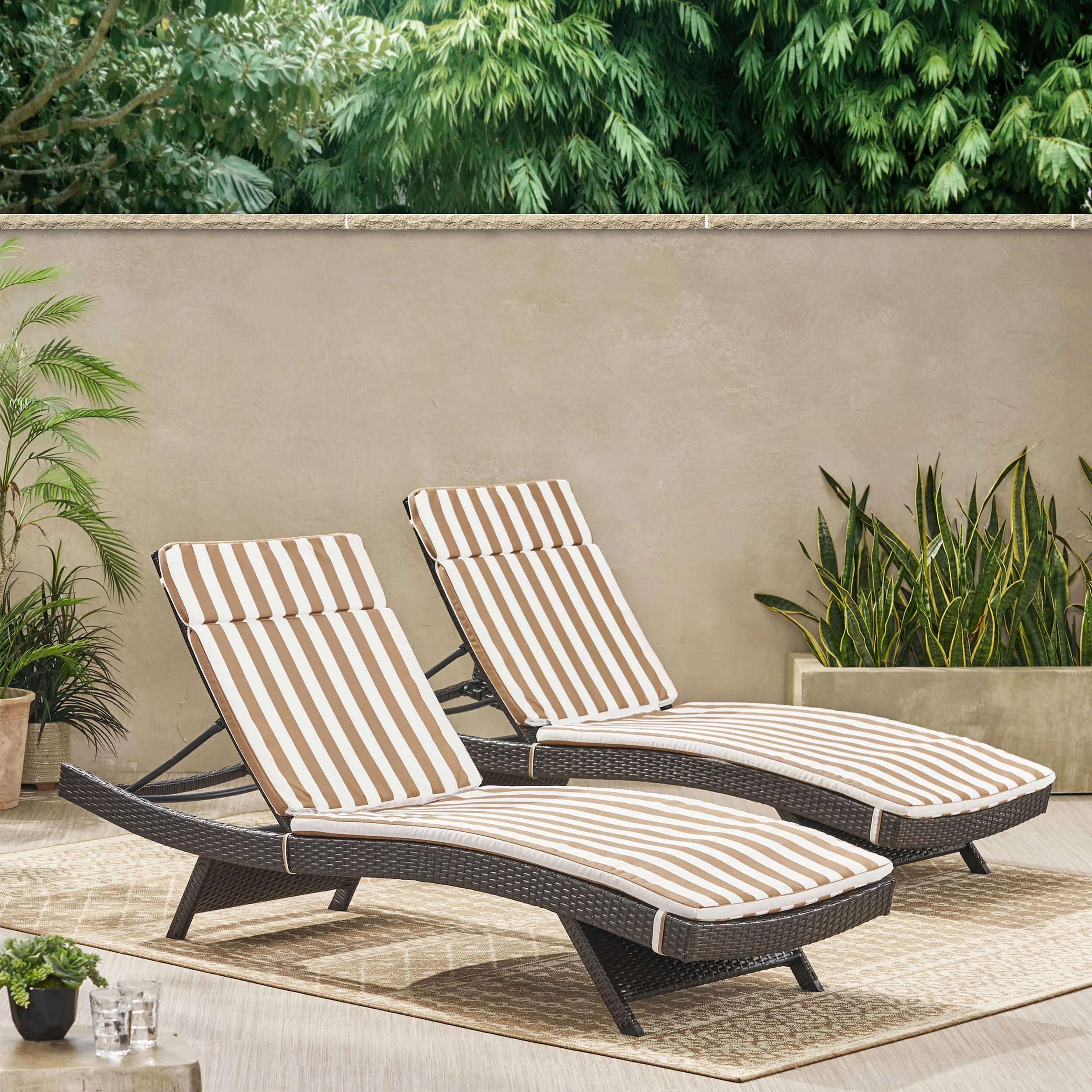 Noble House Anthony Outdoor Wicker Lounge with Cushion, Set of 2, Multibrown, Brown and White Stripe