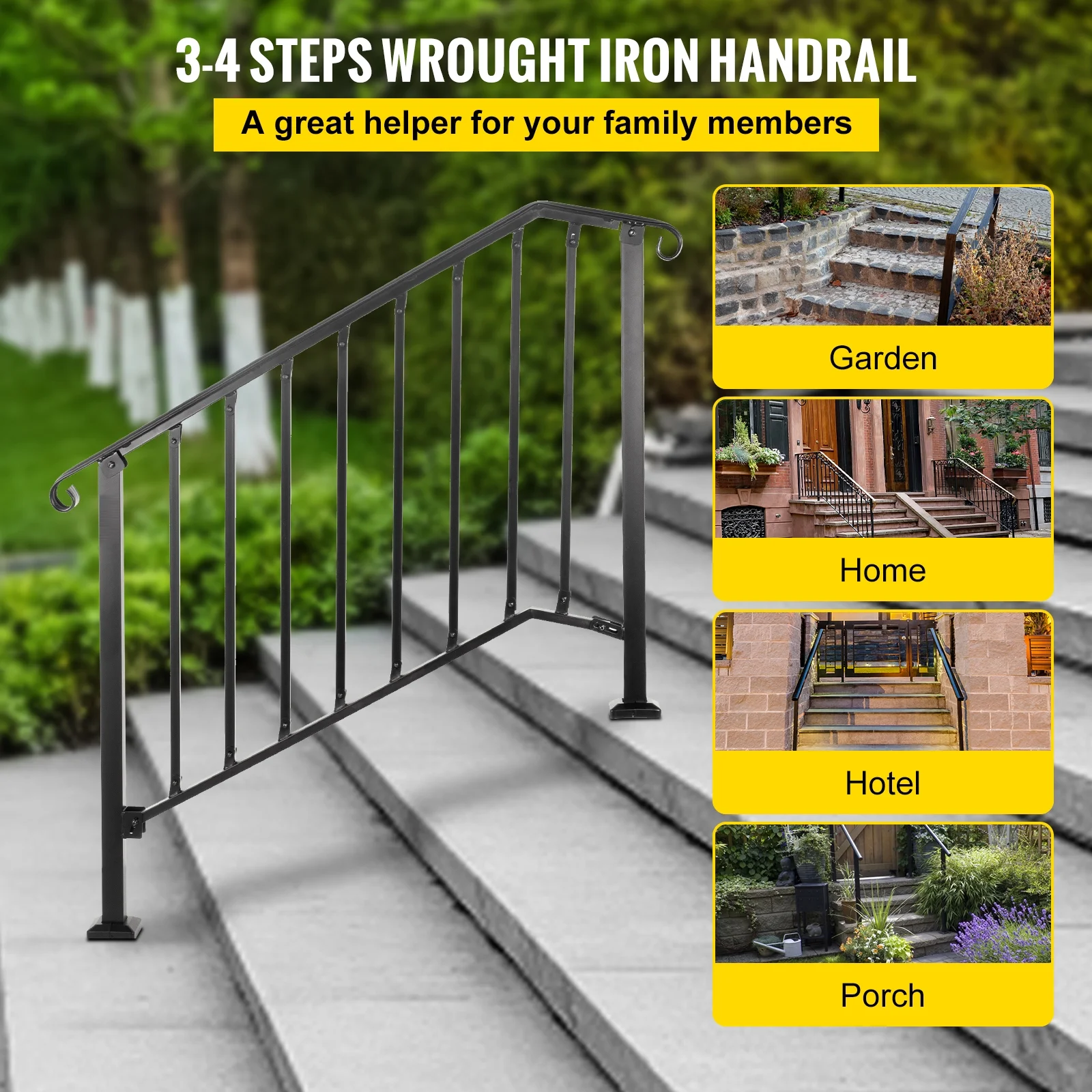 SKYSHALO Iron Handrail Picket Fits 3 or 4 Steps Stair Hand Rails for Outdoor Garden