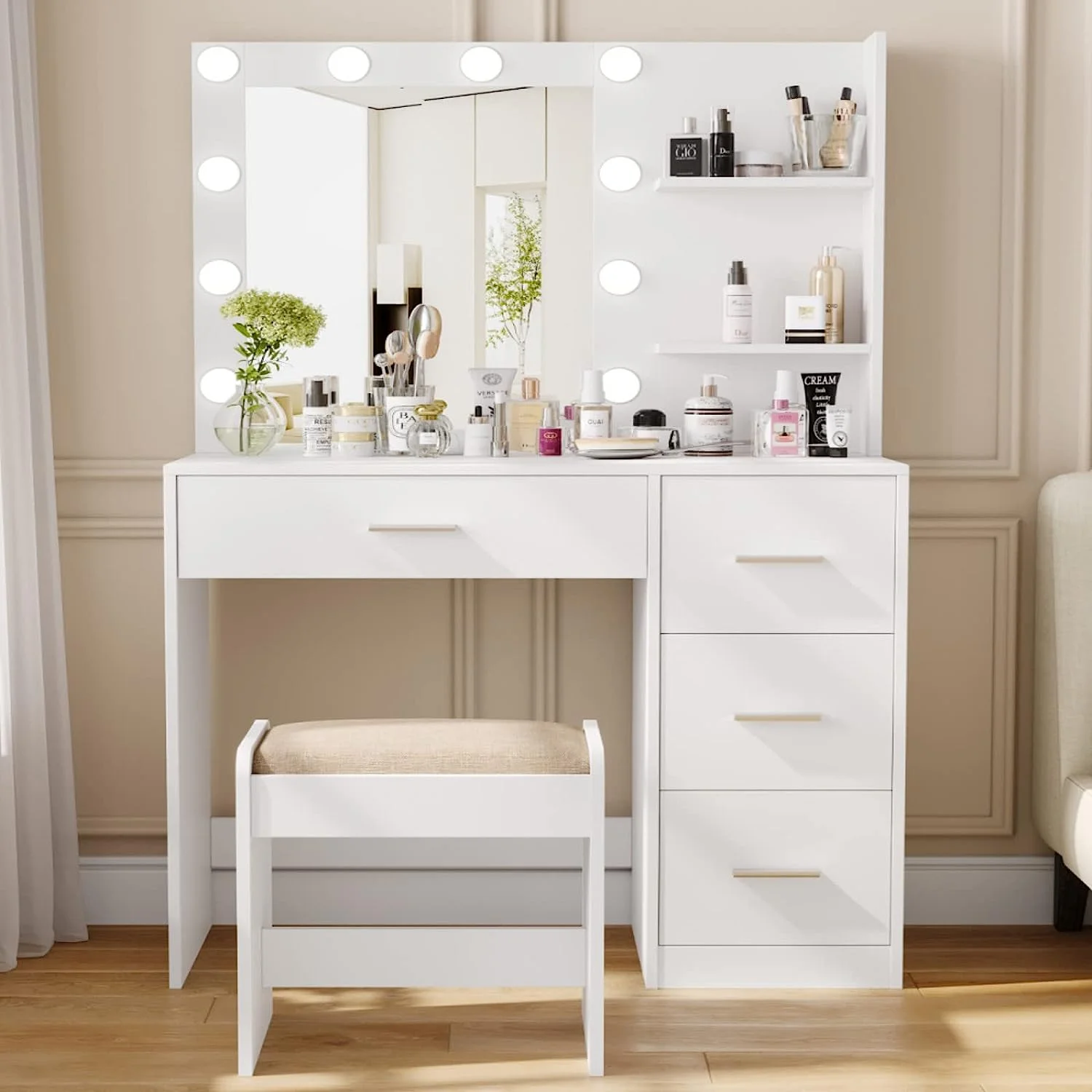 JDZHAPPYLIFE Vanity Table Set with Lighted Mirror   Vanity with   and 4 Drawers  for Mother's Day  Bedroom Dressing Table  Cushioned Stool & 10 LED Lights  White RSZT104WD