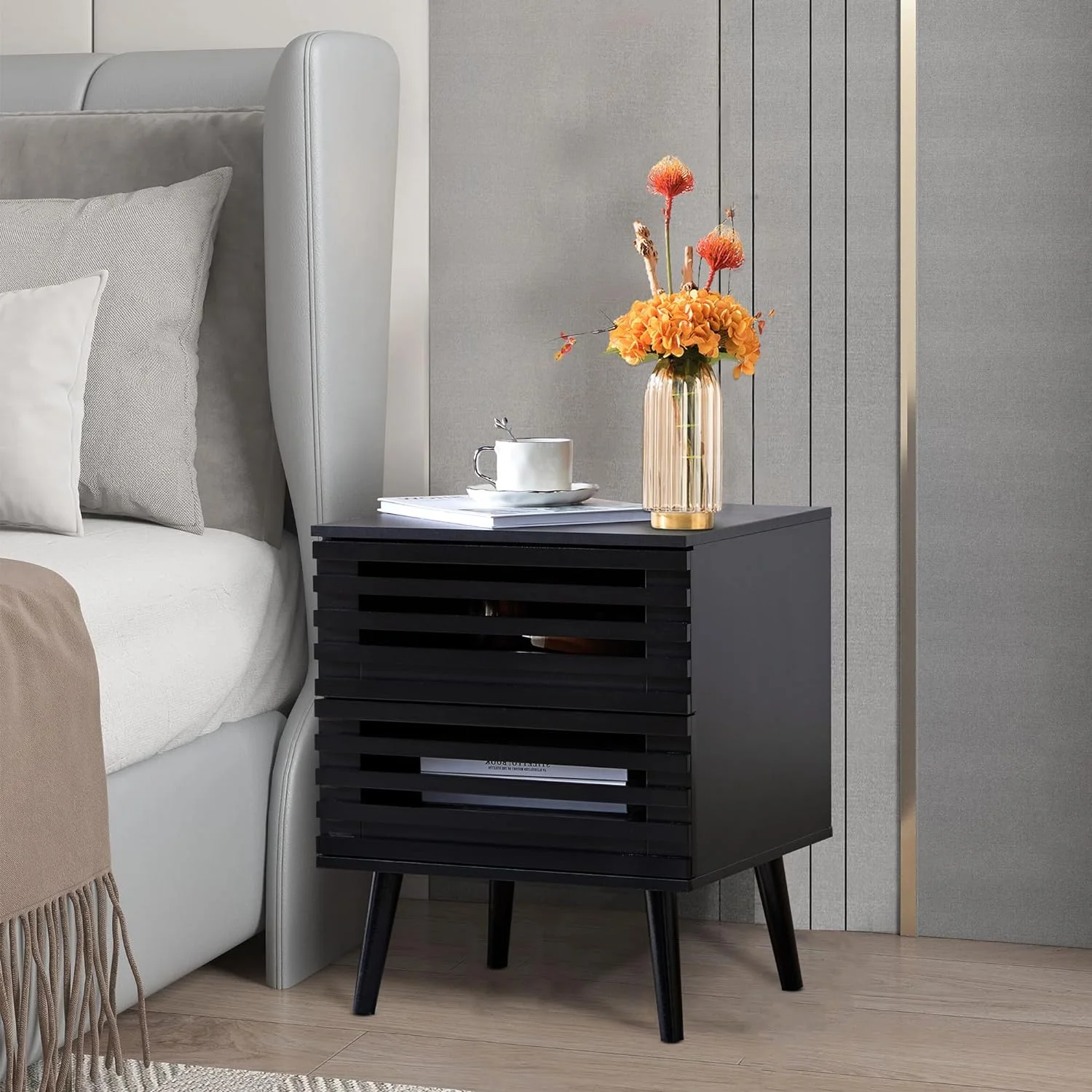 Nightstand Set of 2, End Side Table Modern Farmhouse Nightstand Modern Wood Accent Side Table Night Stands, Nightstand with Storage Drawer for Bedroom Living Room 2-Pack, Black - 2