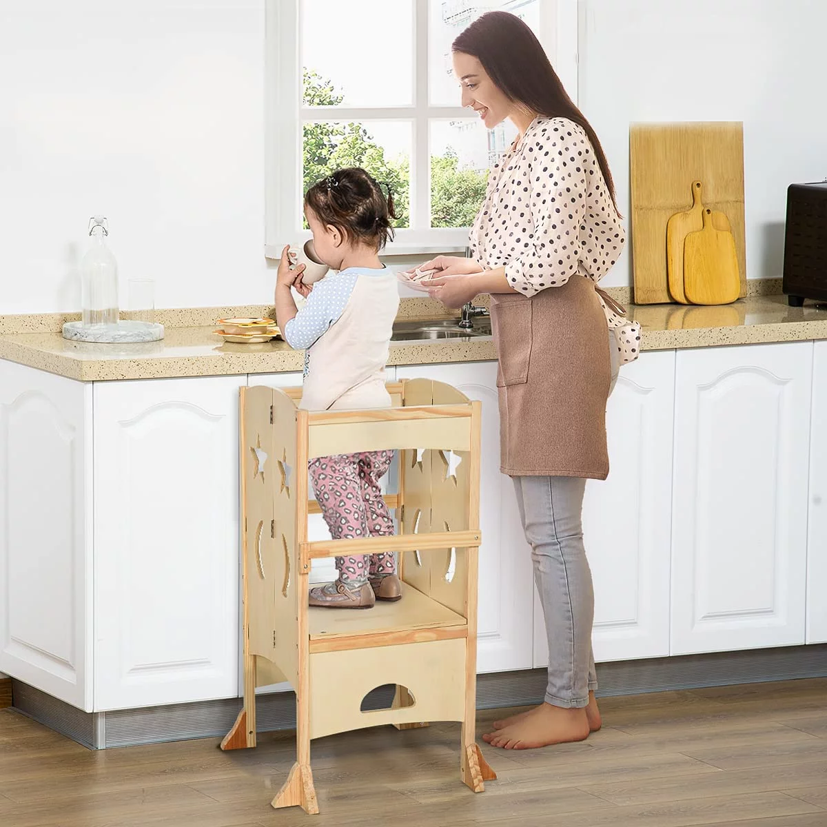 Wooden Kitchen Step Stool For Kids, Foldable Toddler Tower, Helper Stool For Kitchen Counter With Support Handles Safety Rail, Natural Wood