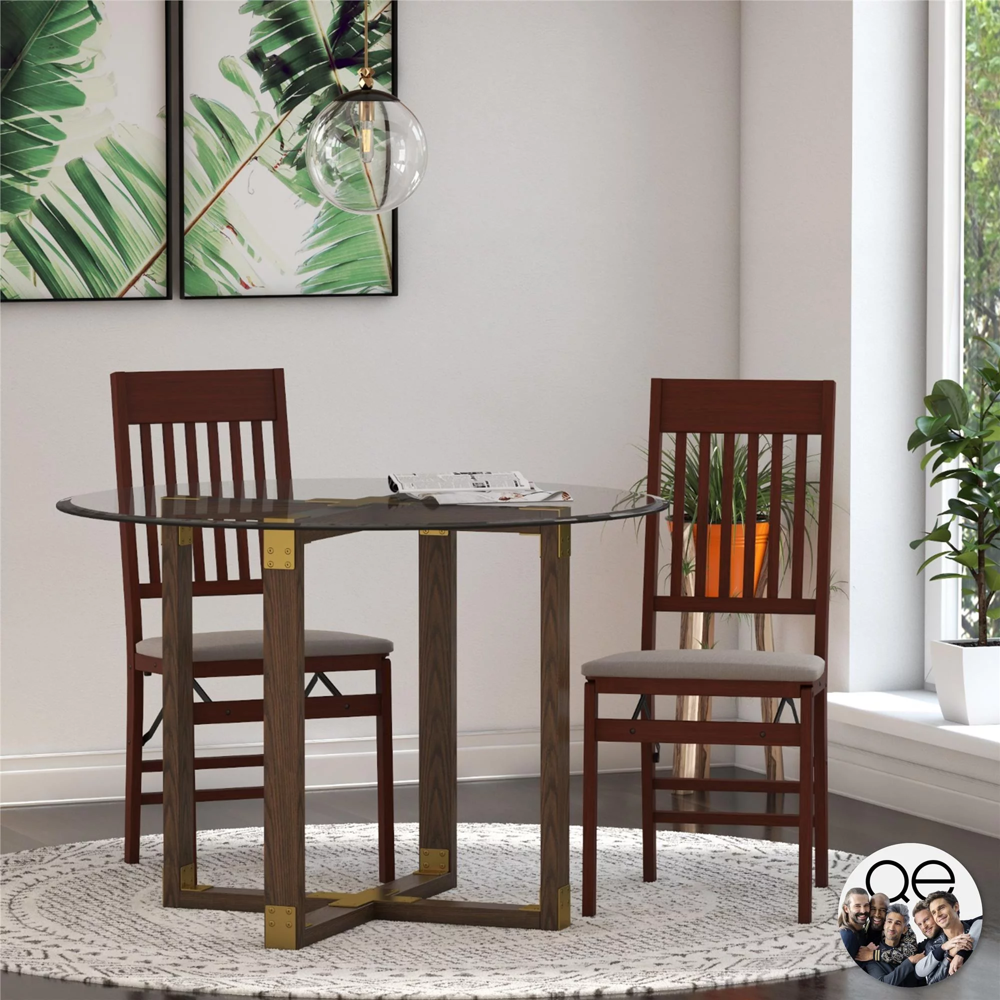 Queer Eye Oliver Mission Back Wood Folding Chair with Fabric Seat, Walnut Brown, 2-Pack