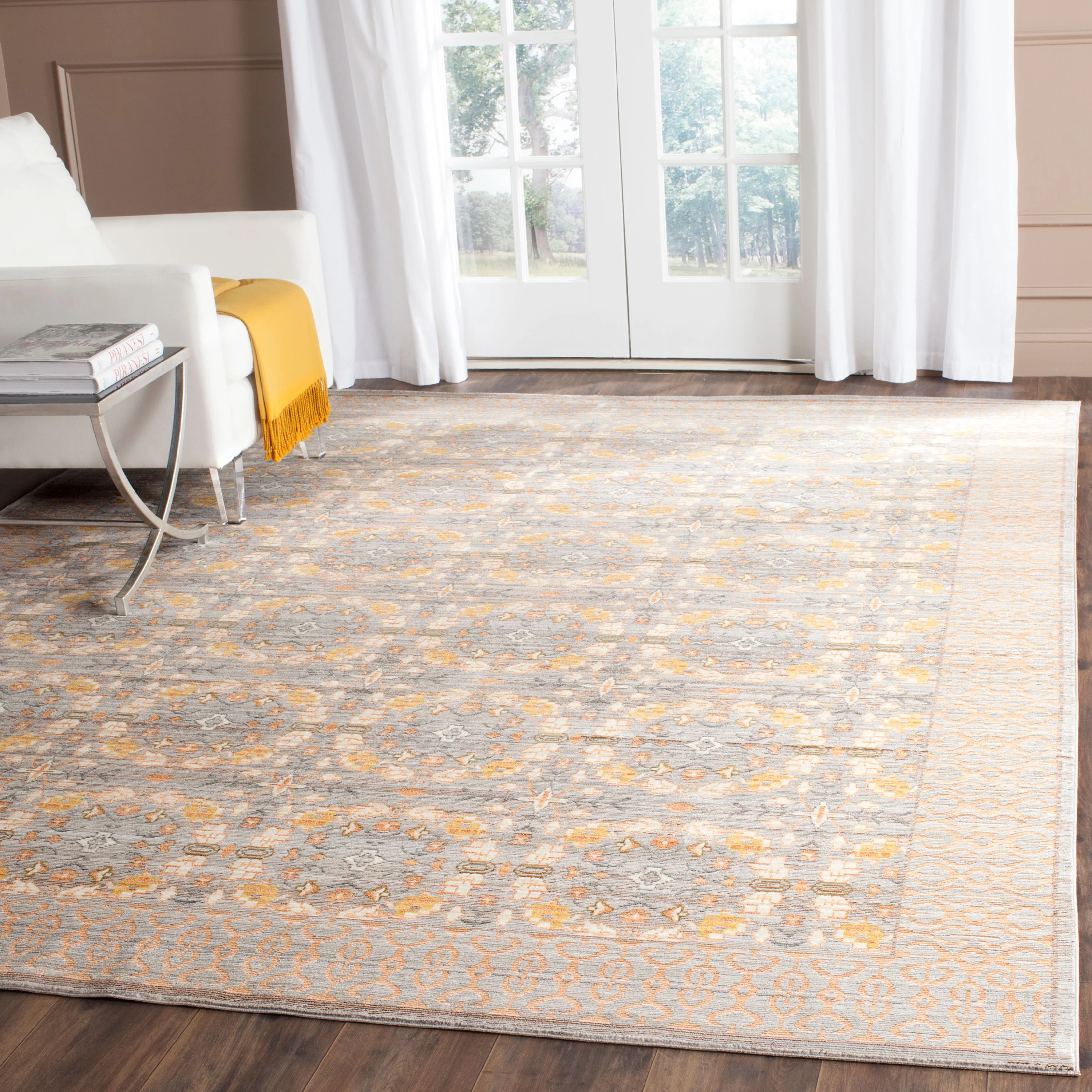 SAFAVIEH Valencia Arielle Border Polyester Area Rug, Light Grey/Multi, 8' x 10'