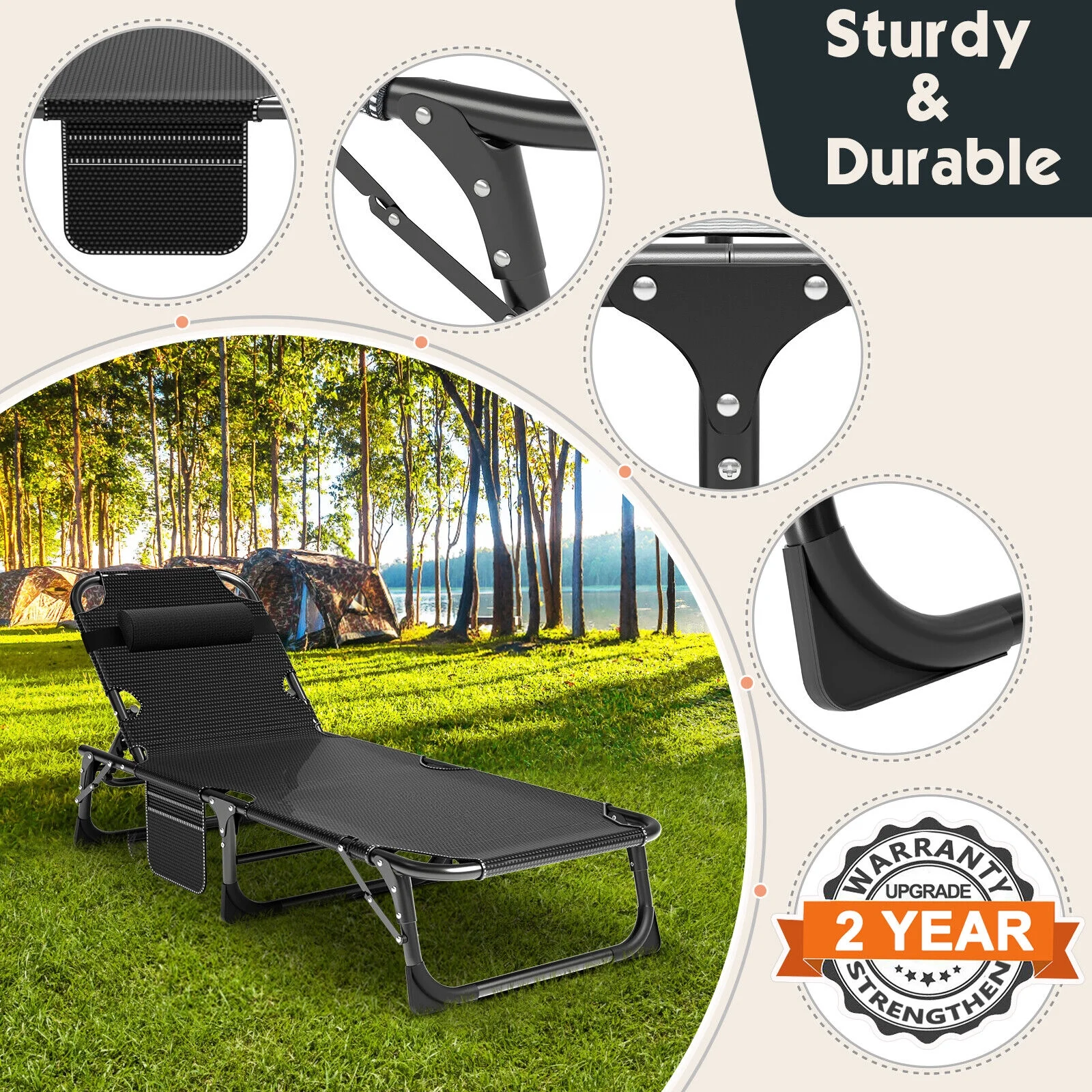 Adult Adjustable 4-Position Cots Folding Camping Cot Heavy Duty Bed  W/Mattress