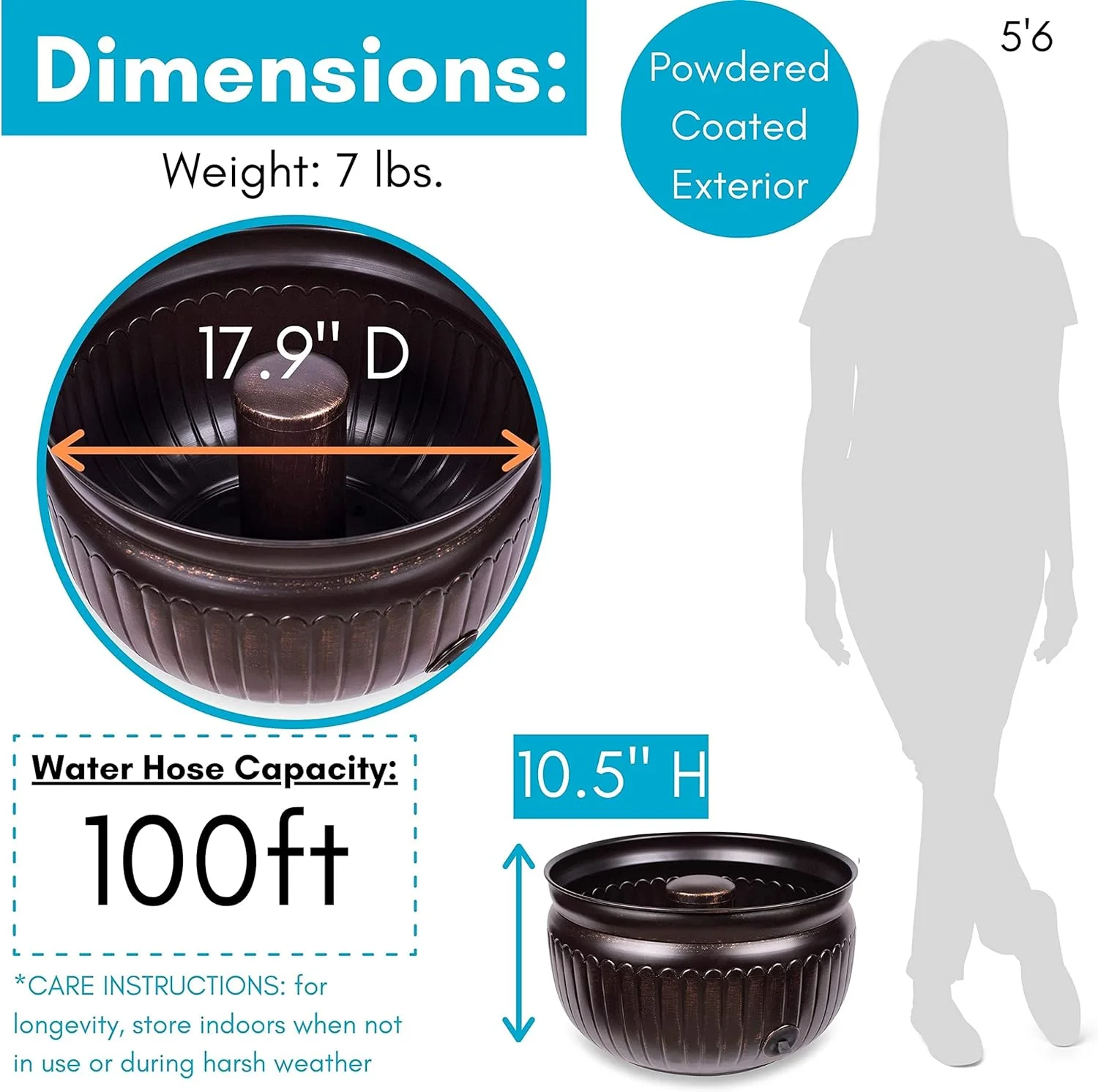 Water Hose Holder | Holds 100ft Hose | DIstressed Bronze | Drainage Hole | Ground Garden Hose Pot | Decorative | Embossed | Steel Metal with Copper Accents | Outdoor or Indoor Use