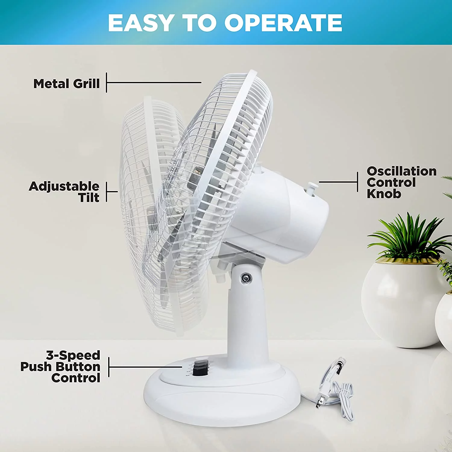 Ez-Chill Fan 12” 3-Speed Oscillating Table Fan with Adjustable Tilt, Convenient Push Button Controls, Quiet Operation, White