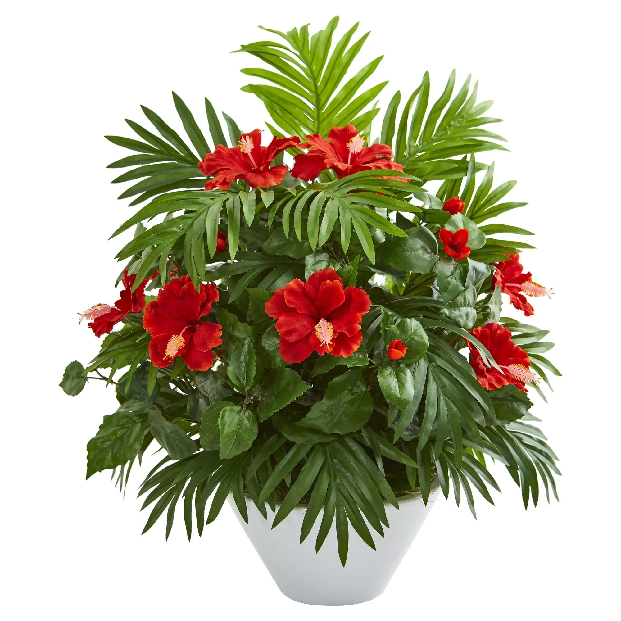 Nearly Natural Hibiscus and Areca Palm Artificial Plant in White Bowl