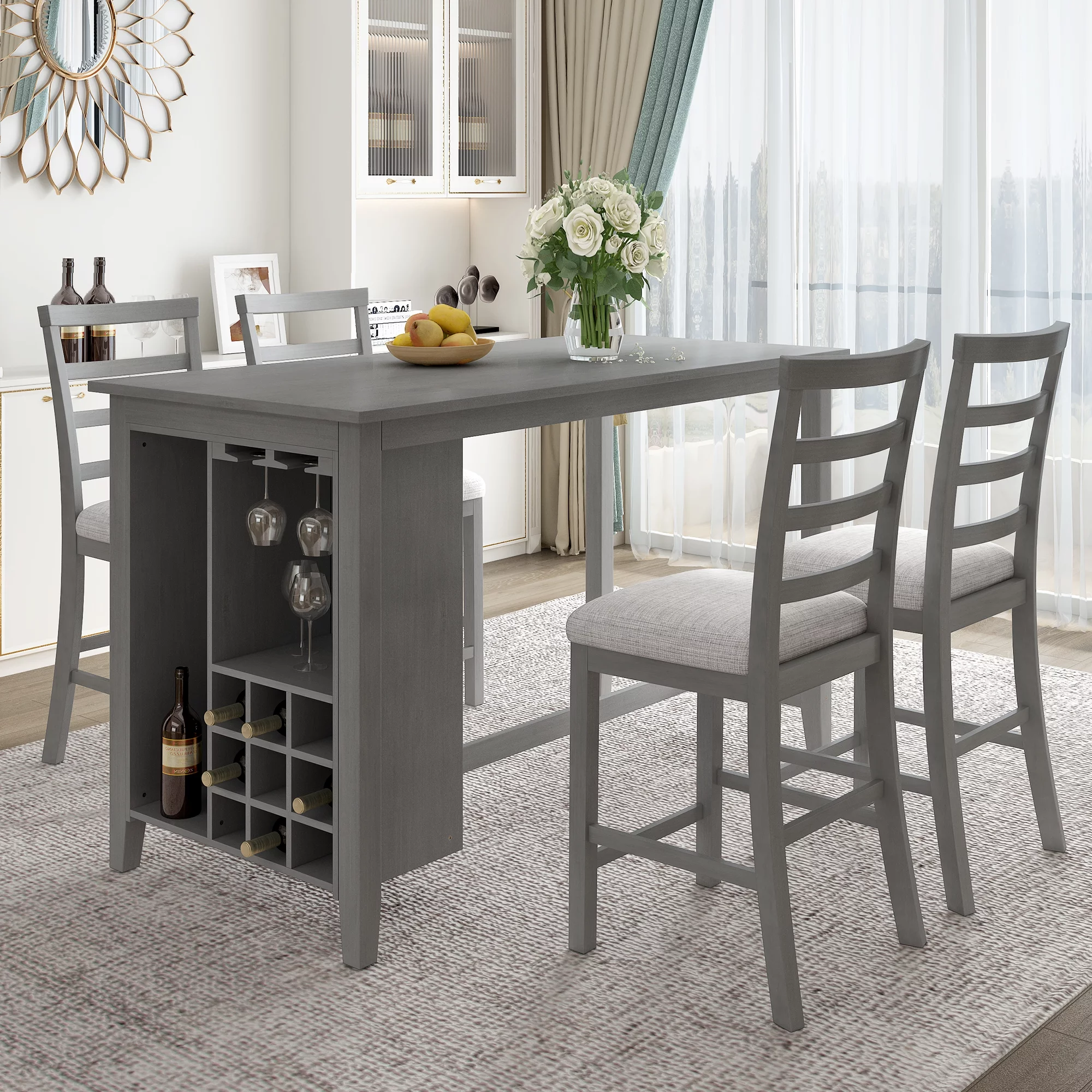 CoSoTower 5-Piece Multi-Functional Rubber Wood Counter Height Dining Set with Padded Chairs and Integrated 9 Bar Wine Compartment, Wineglass Holders for Dining Room, Gray