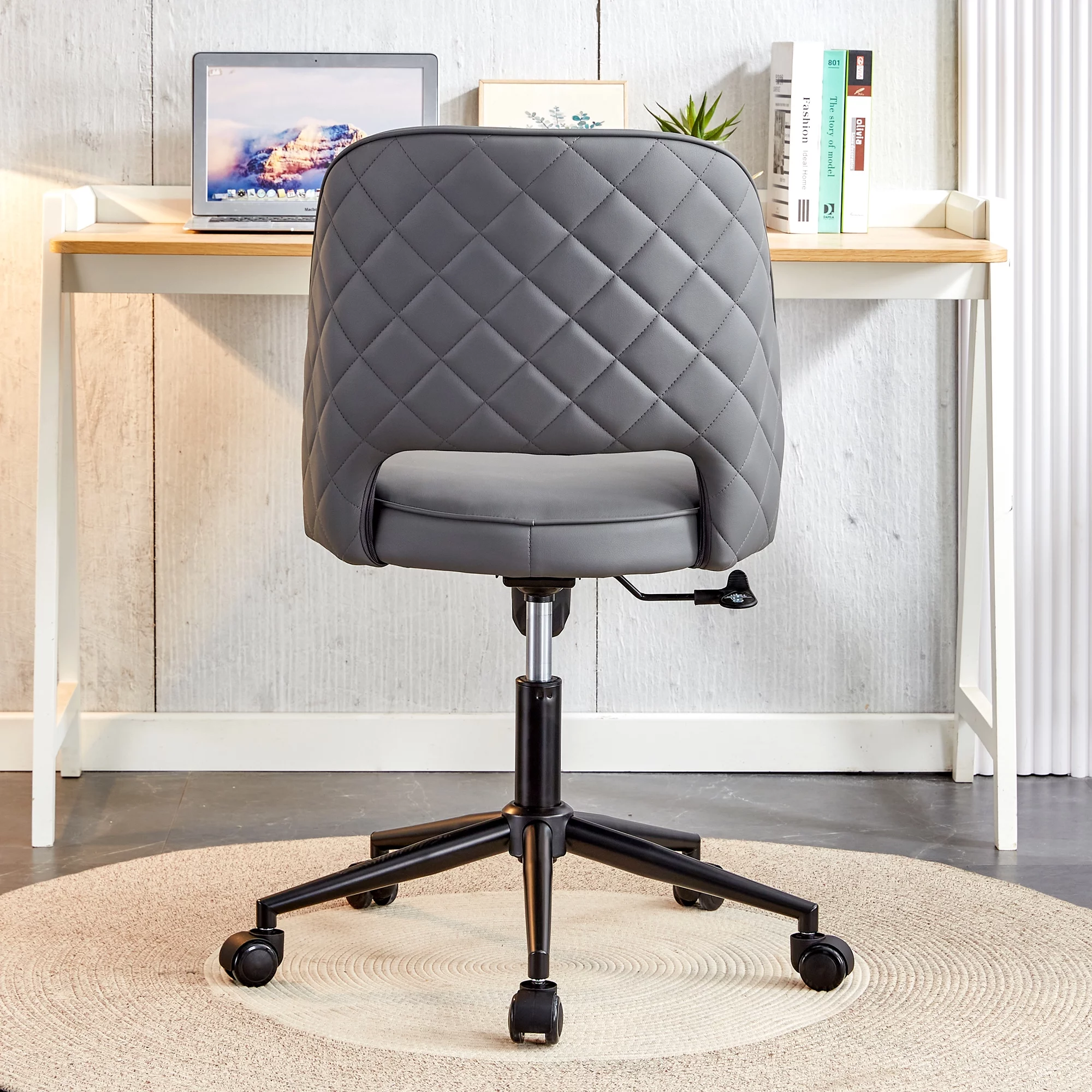 Modern Home PU Office Chair Adjustable 360 ° Swivel Chair Engineering Plastic Armless Swivel Computer Chair with Wheels Living Room, Office Hotel, Dining Room, Dark Grey Seat, Black Chair