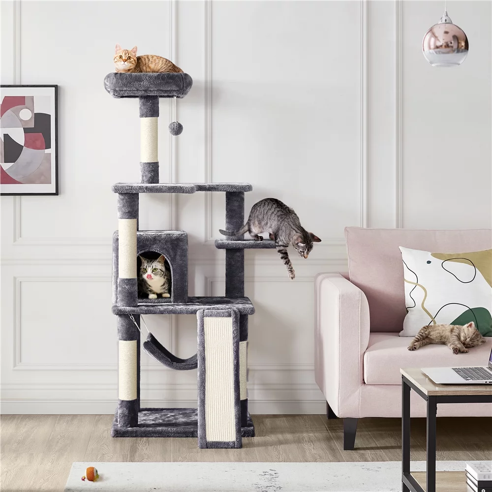 Topeakmart 60.5-in Multilevel Cat Tree Condo Scratching Posts with Hammock Top Perch, Dark Gray