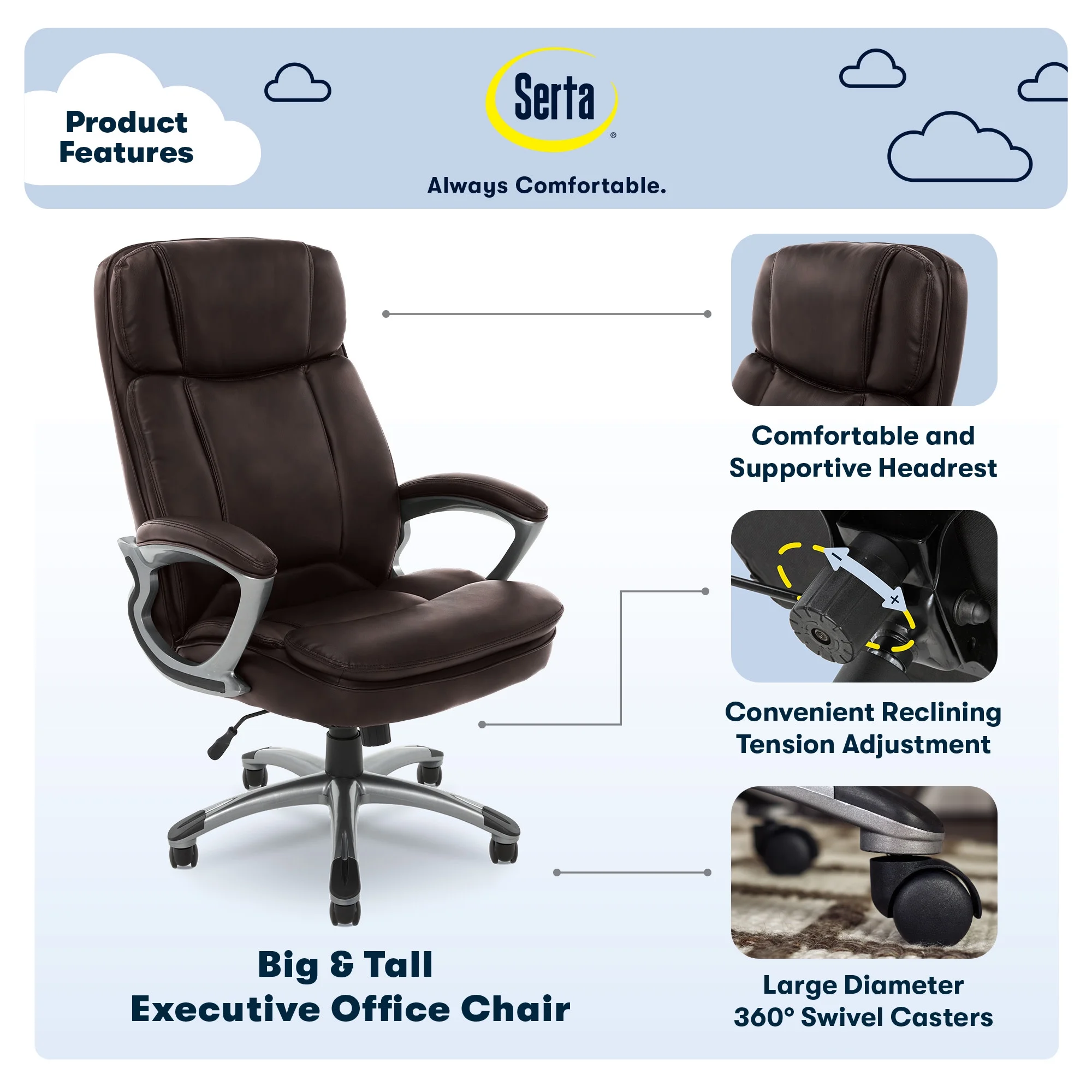 Serta® Big And Tall Ergonomic Bonded Leather High-Back Office Chair, Old Chestnut/Silver