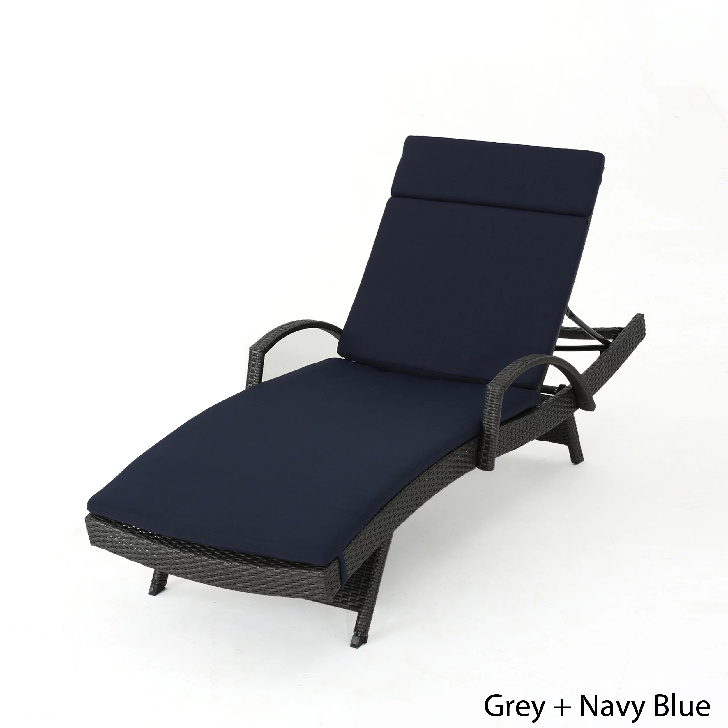 Anthony Outdoor Wicker Adjustable Chaise Lounge with Arms and Cushion, Grey, Navy