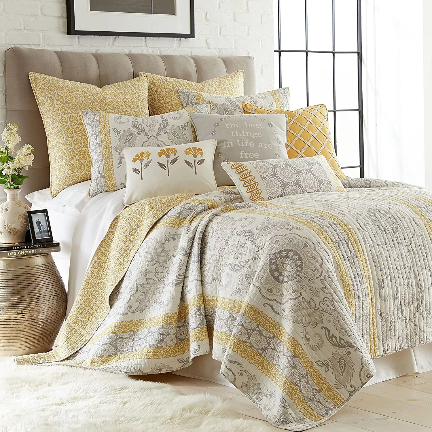 St. Claire Quilt Set  King Quilt + Two King Pillow Shams  Suzani And Paisleys  Grey And Yellow  Quilt Size (106X92in.) And Pillow Sham Size (36X20in.)  Reversible