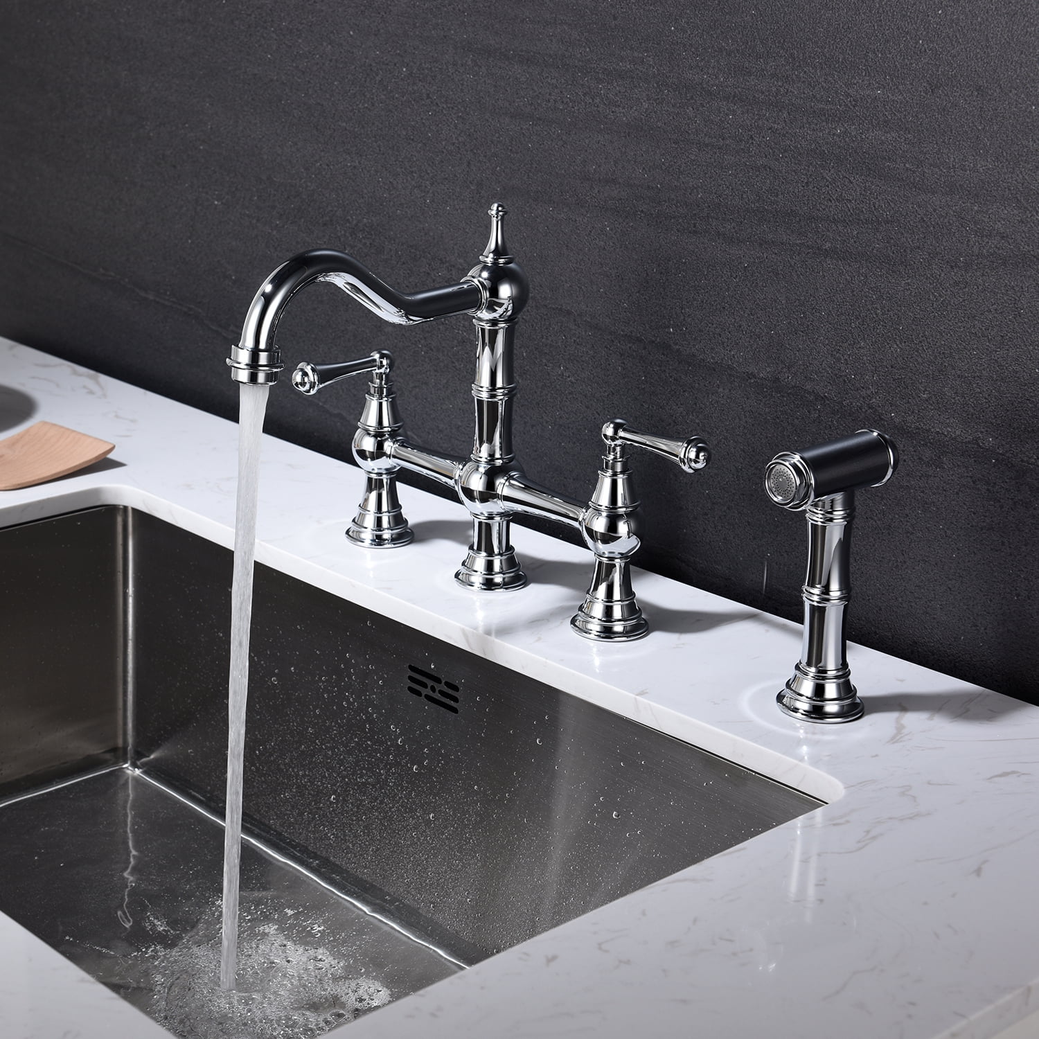 YLtoohoom Bridge Dual Handles Kitchen Faucet With Pull-Out Side Spray in
