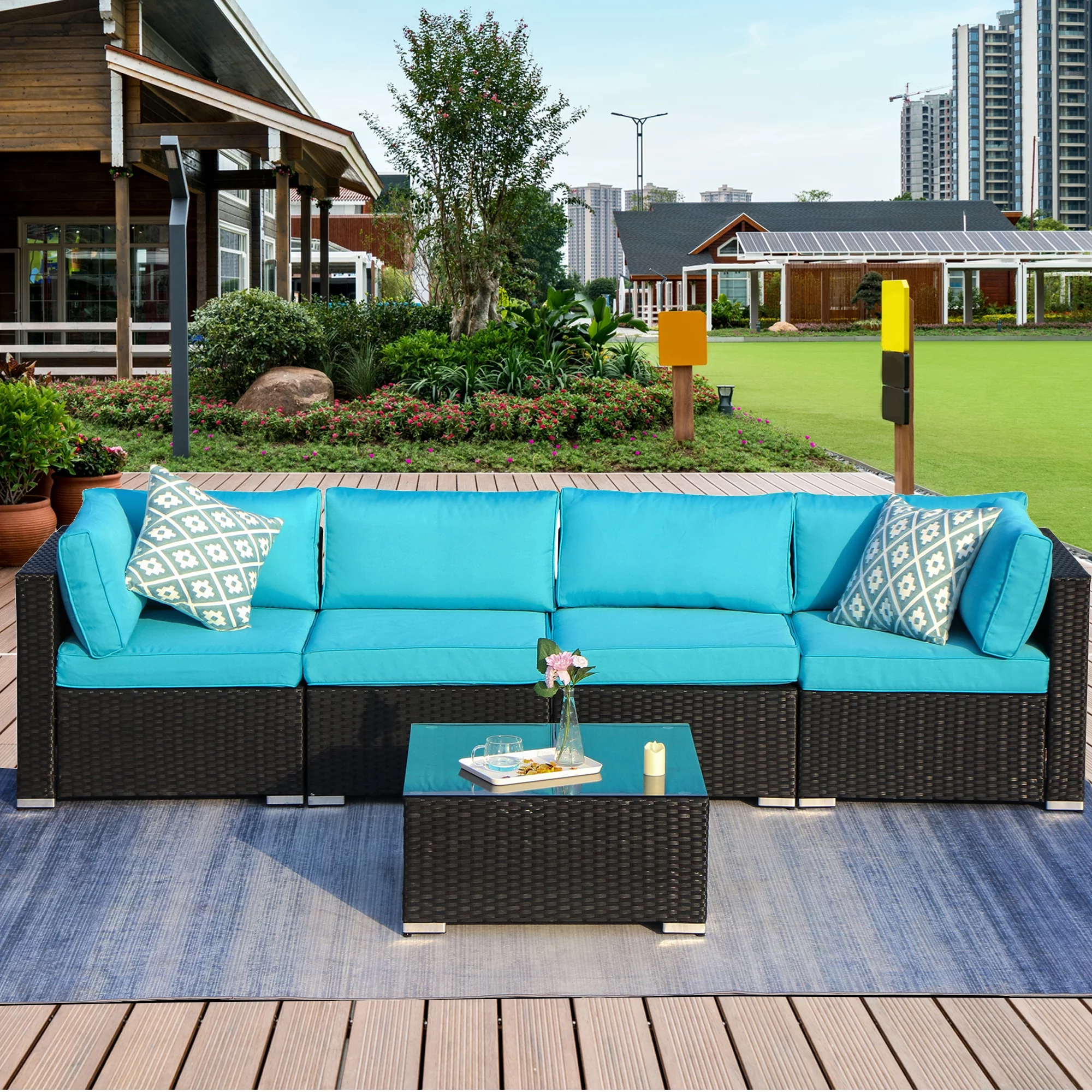 Superjoe 5 Pcs Patio Furniture Sets All-Weather Wicker Rattan Outdoor Conversation Sofa with Tea Table & Washable Couch Cushions,Blue