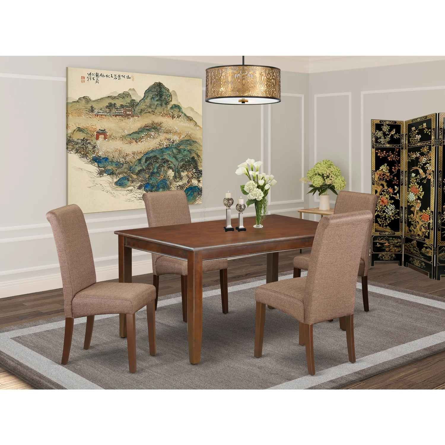 HomeStock Renaissance Refinement 5Pc Kitchen Table With Linen Brown Fabric Kitchen Chairs With Mahogany Chair Legs