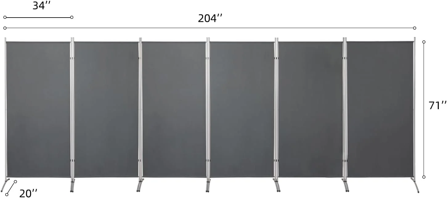6 Panels Room Divider 6 FT Tall Weave Material Room Divider, Double Hinged Folding Privacy Screens, Freestanding Room Dividers, Grey