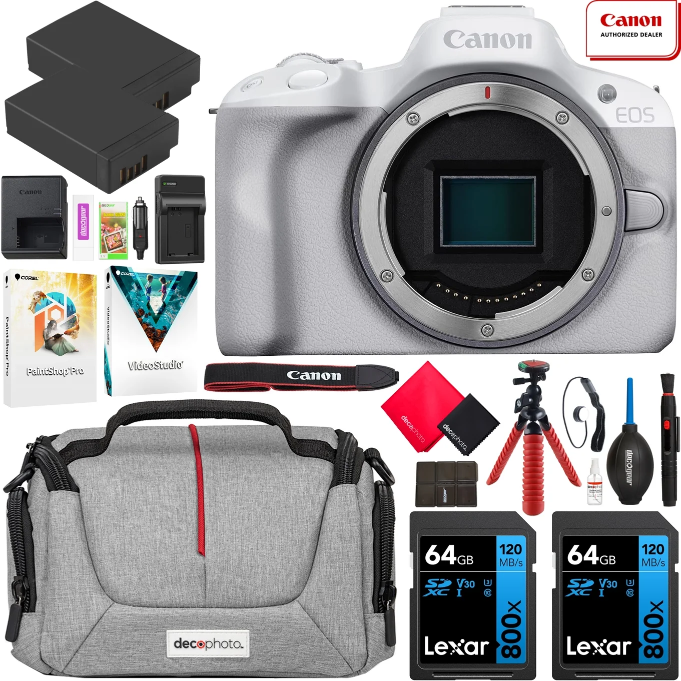 Canon EOS R50 Mirrorless APS-C Interchangeable Lens Camera Body White 5812C002 Bundle with Deco Gear Photography Bag + 2 x Battery + 2 x 64GB Memory Cards + Accessories Kit